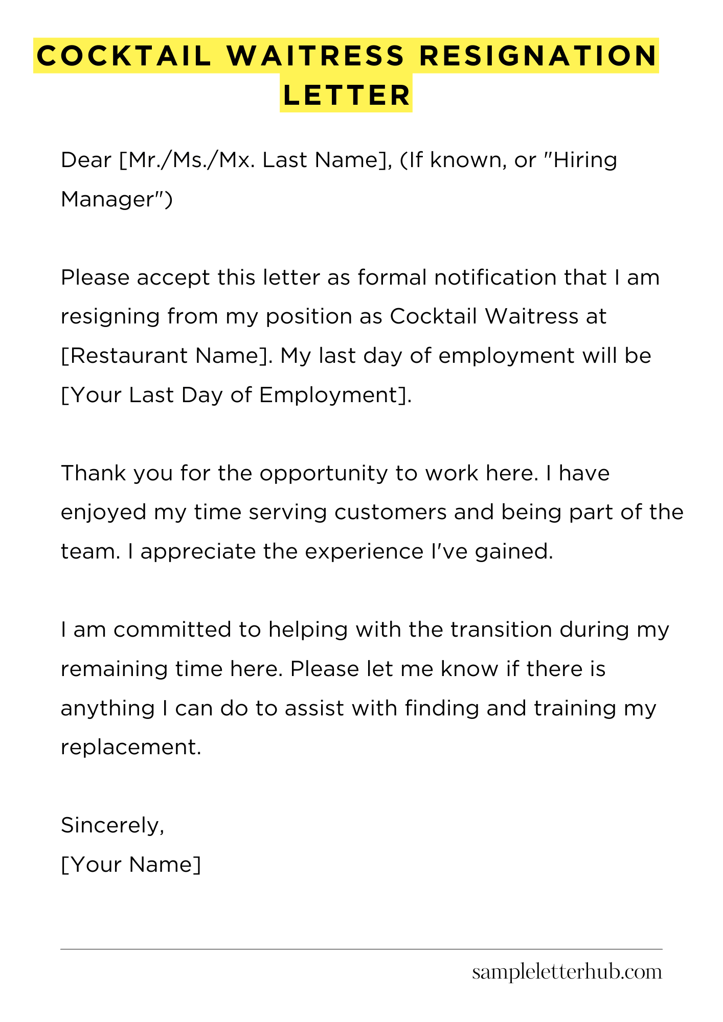 Cocktail Waitress Resignation Letter