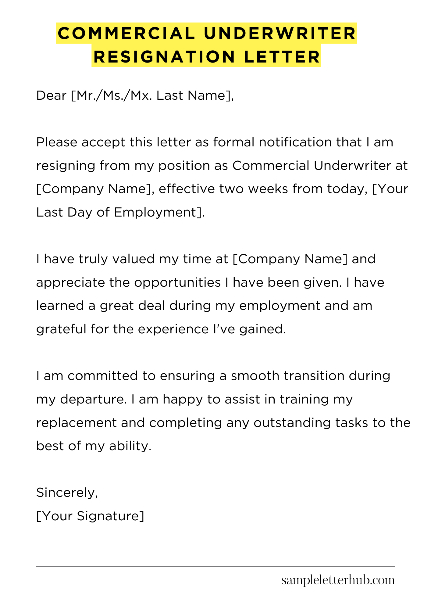 Commercial Underwriter Resignation Letter