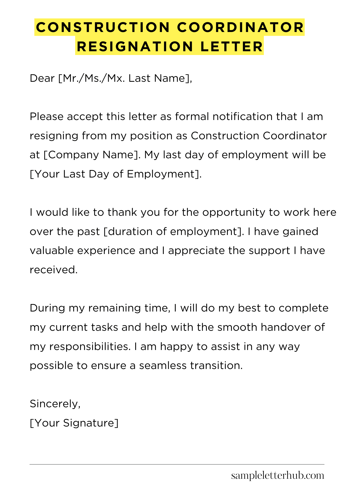 Construction Coordinator Resignation Letter
