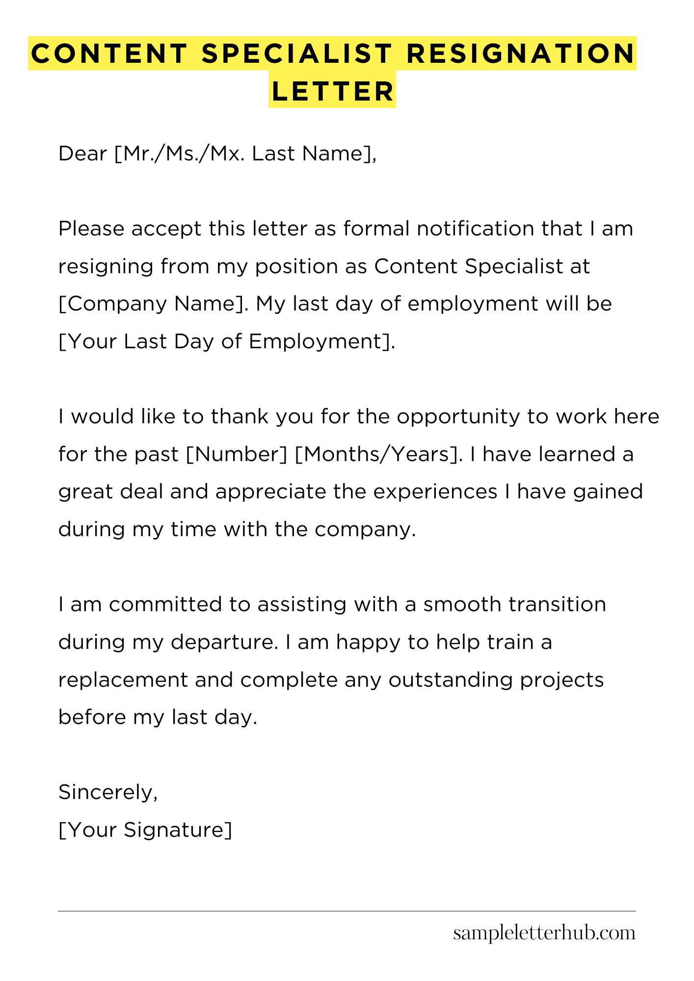 Content Specialist Resignation Letter