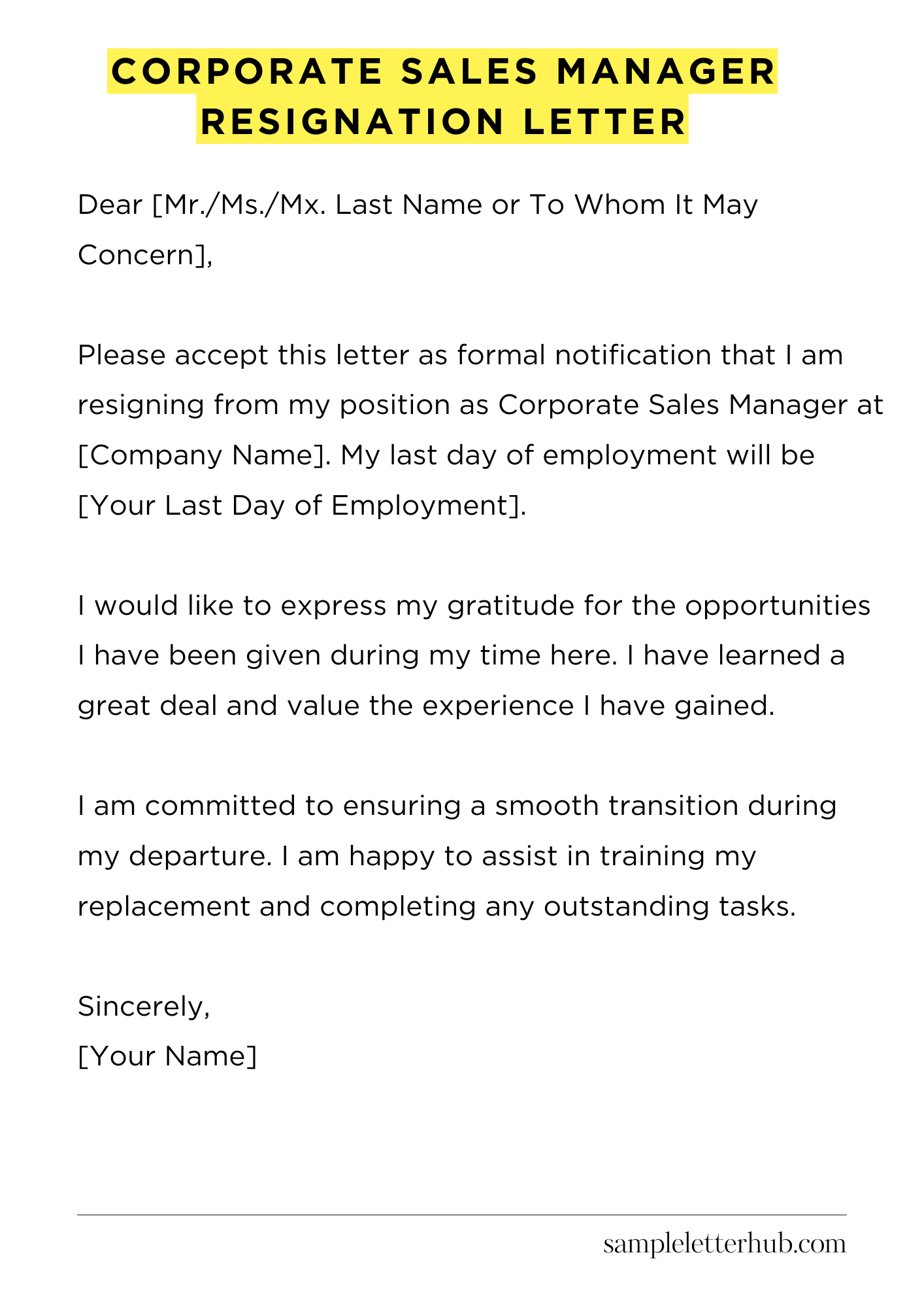 Corporate Sales Manager Resignation Letter