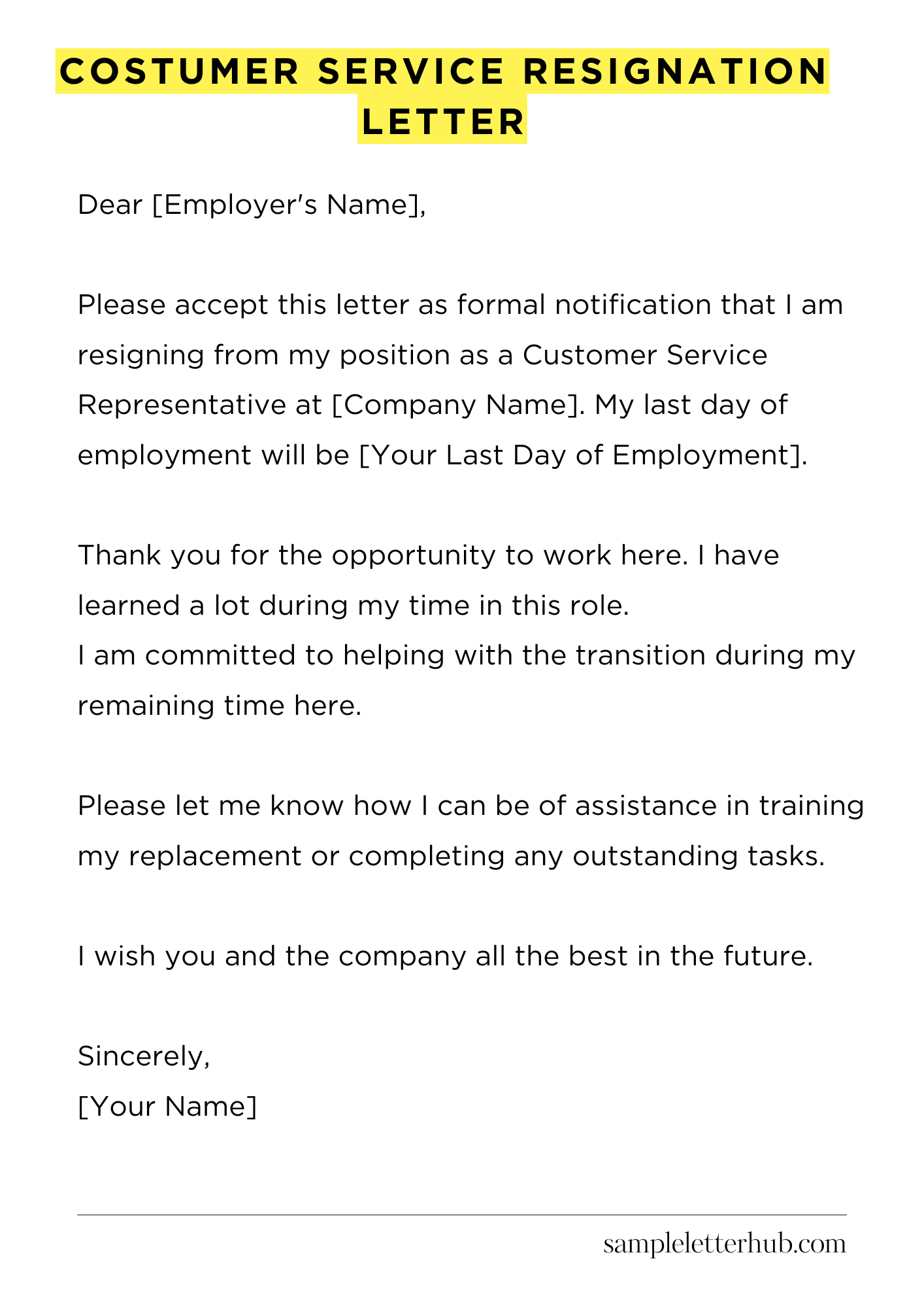Costumer Service Resignation Letter