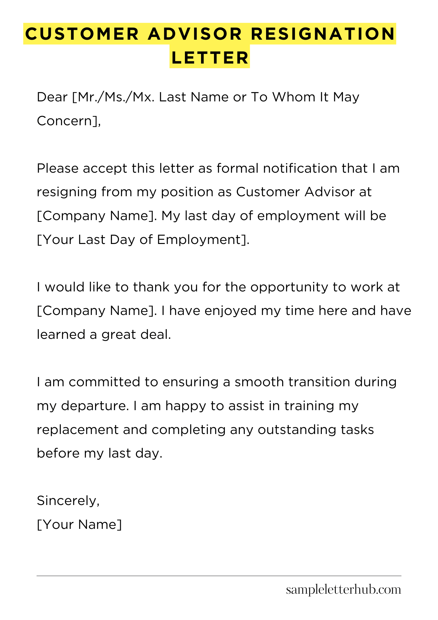 Customer Advisor Resignation Letter