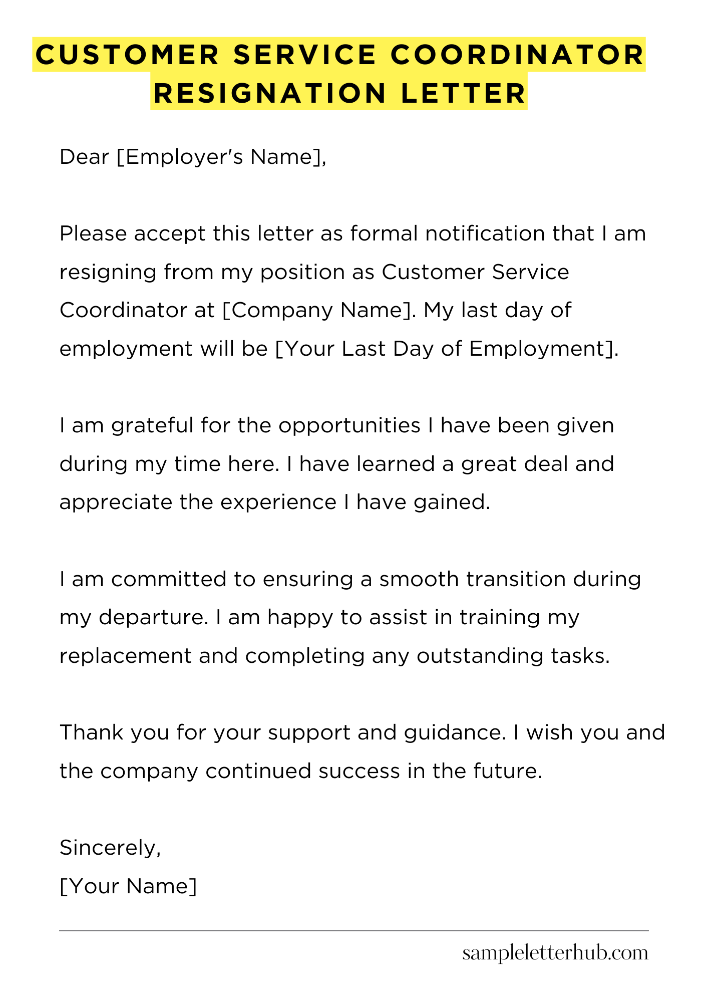 Customer Service Coordinator Resignation Letter
