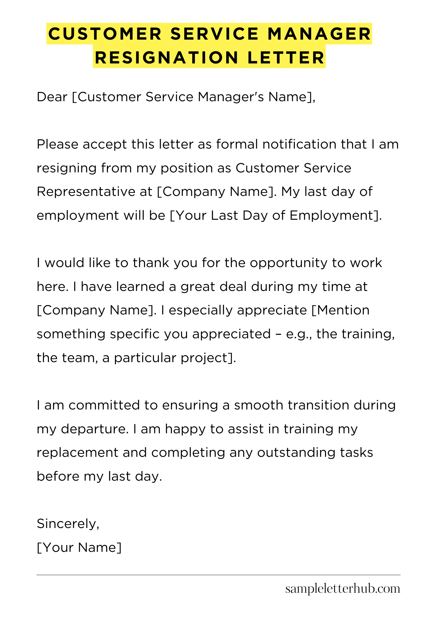 Customer Service Manager Resignation Letter