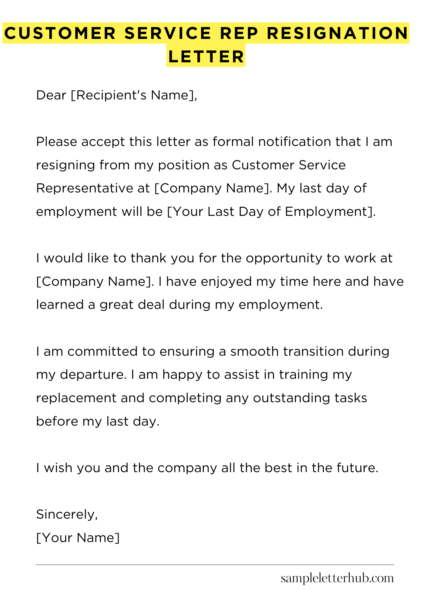 Customer Service Rep Resignation Letter