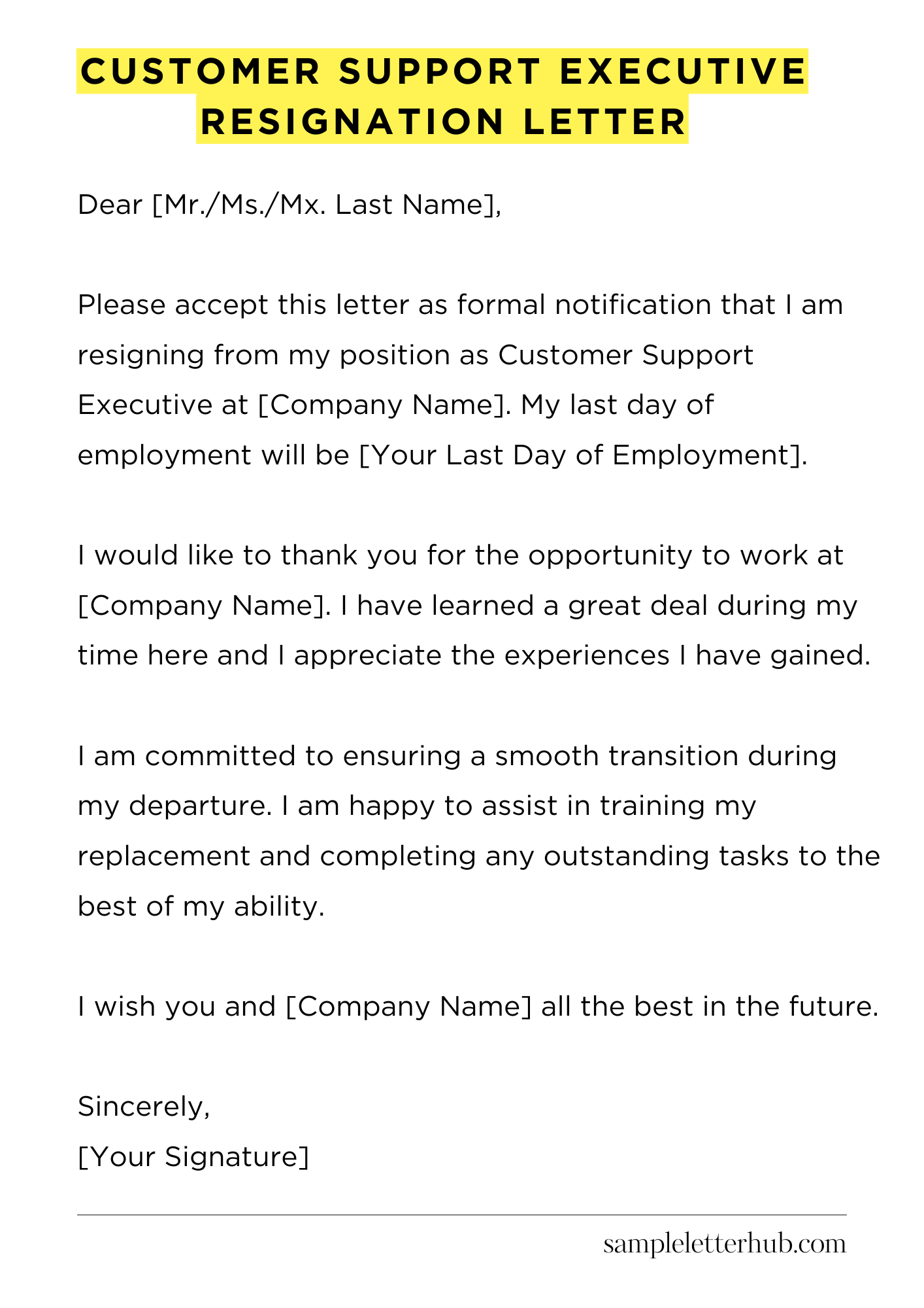 Customer Support Executive Resignation Letter