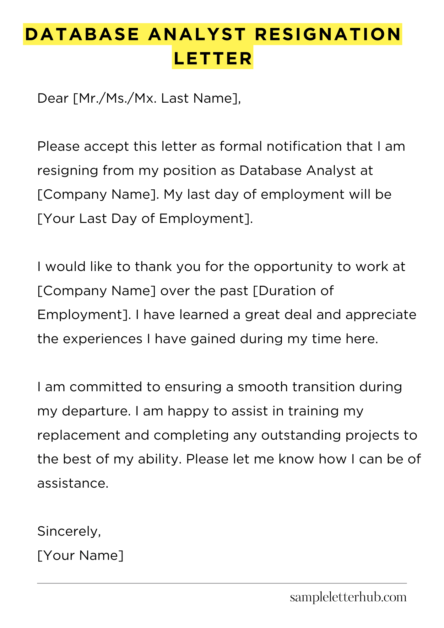 Database Analyst Resignation Letter