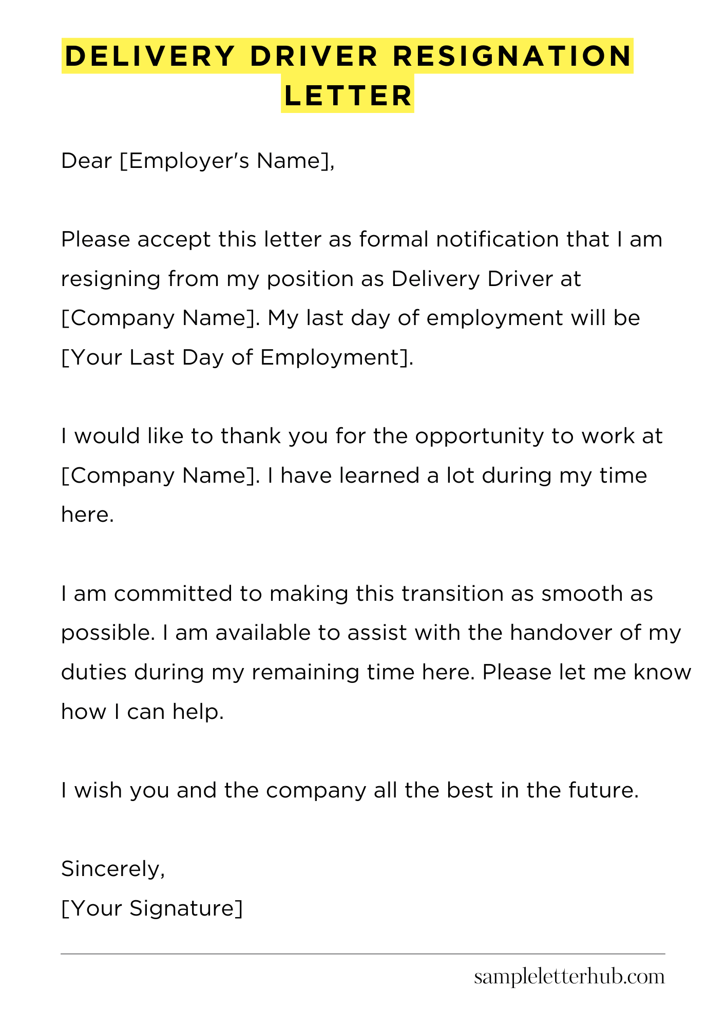 Delivery Driver Resignation Letter