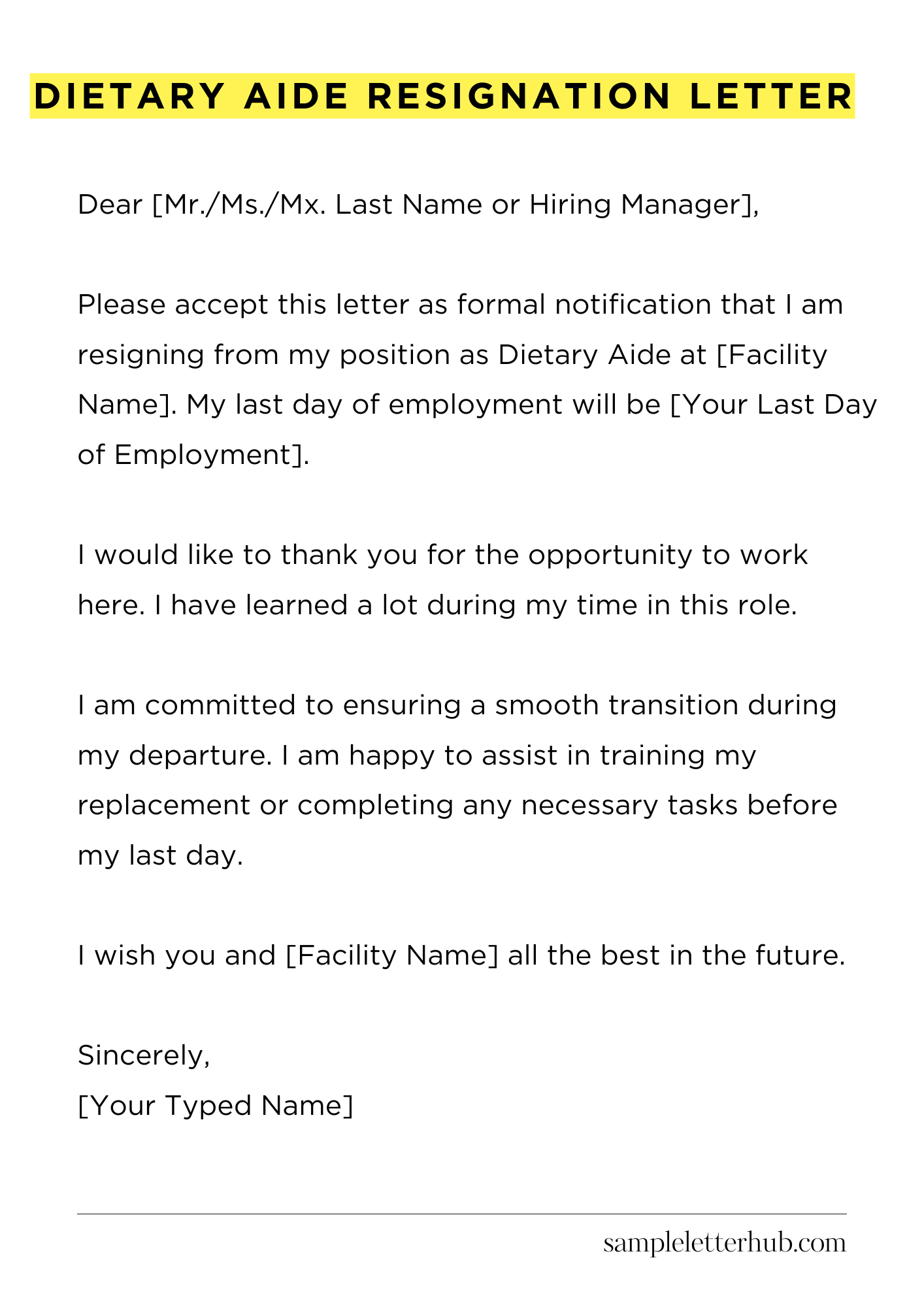 Dietary Aide Resignation Letter