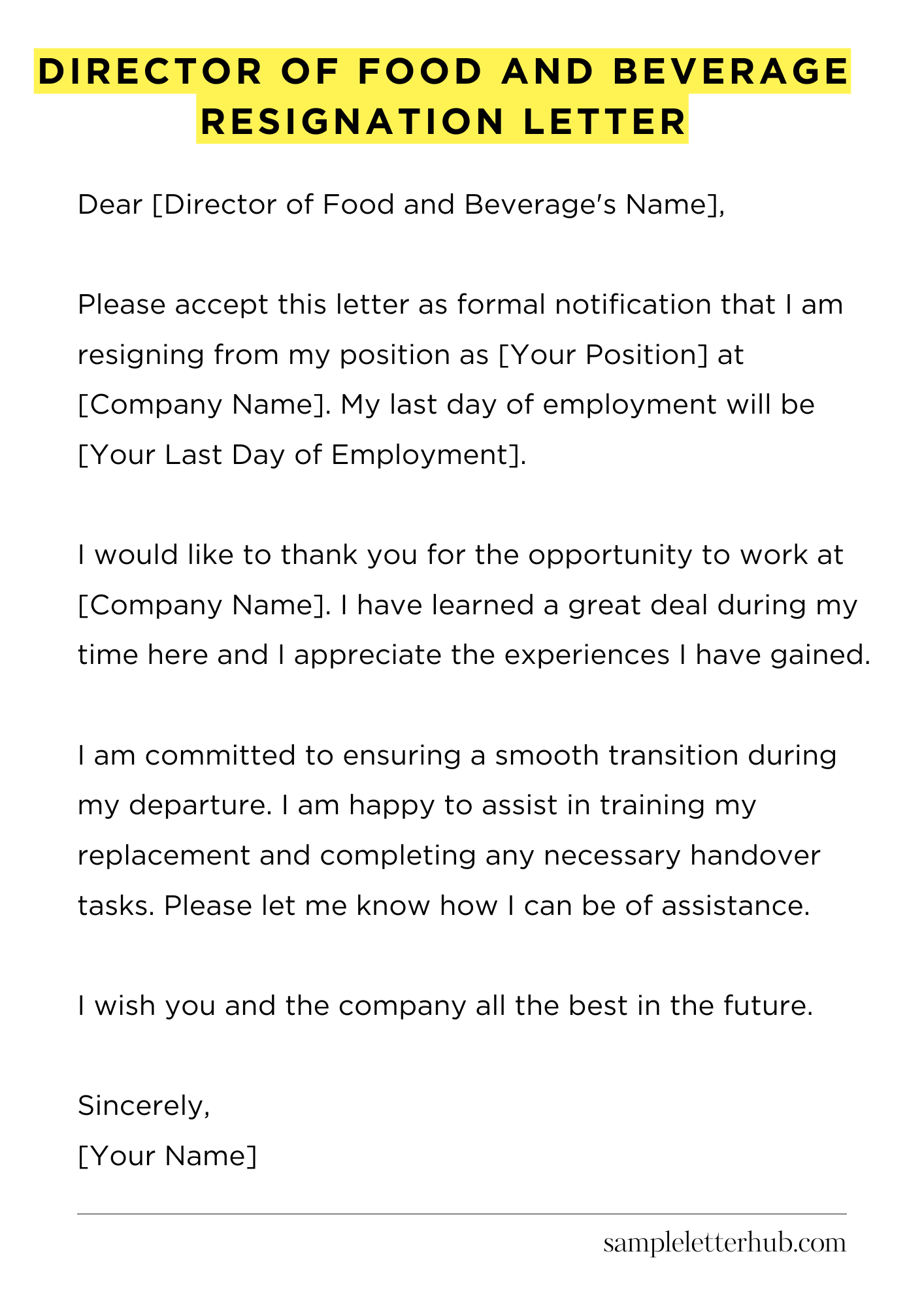 Director Of Food And Beverage Resignation Letter