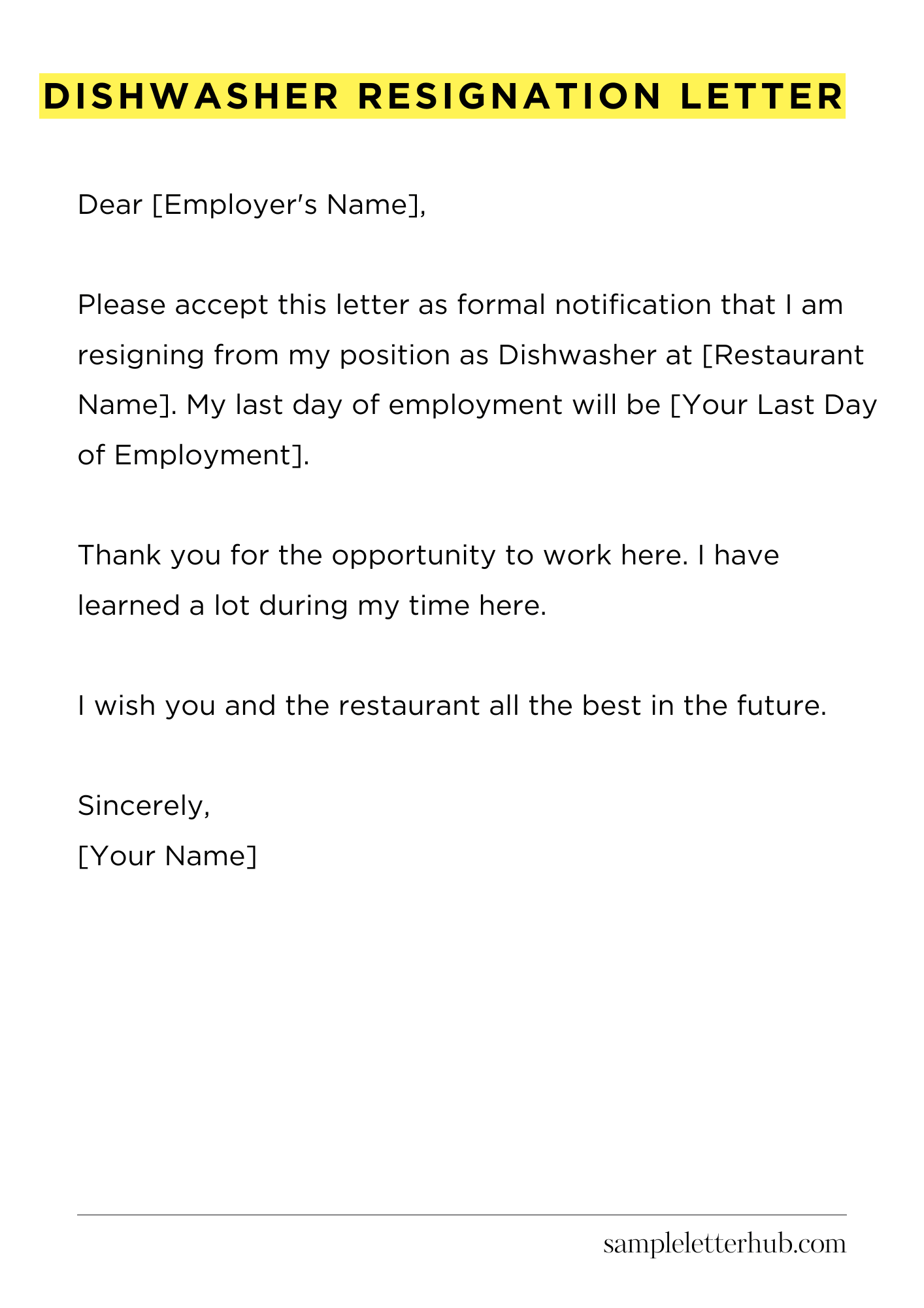 Dishwasher Resignation Letter