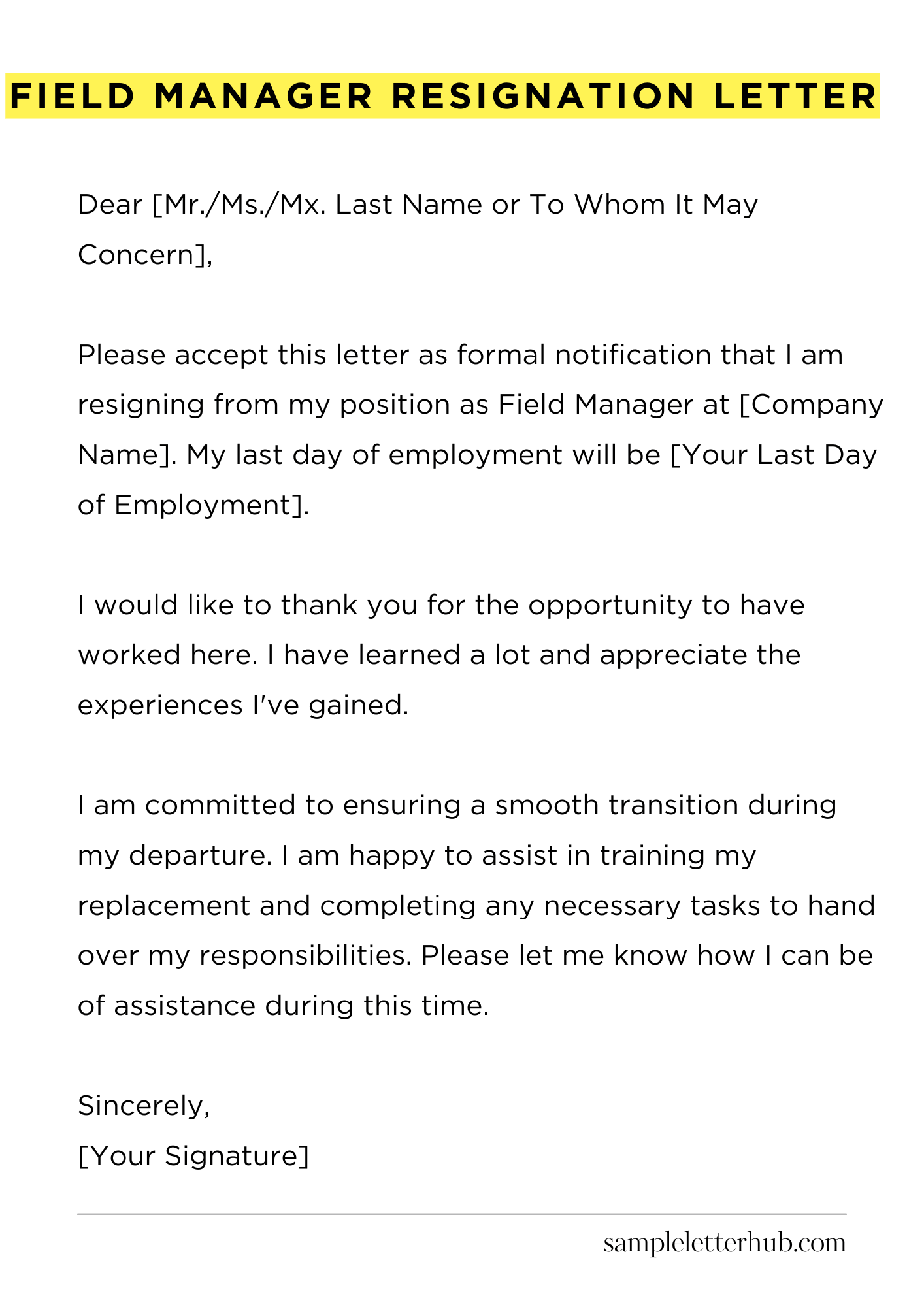 Field Manager Resignation Letter