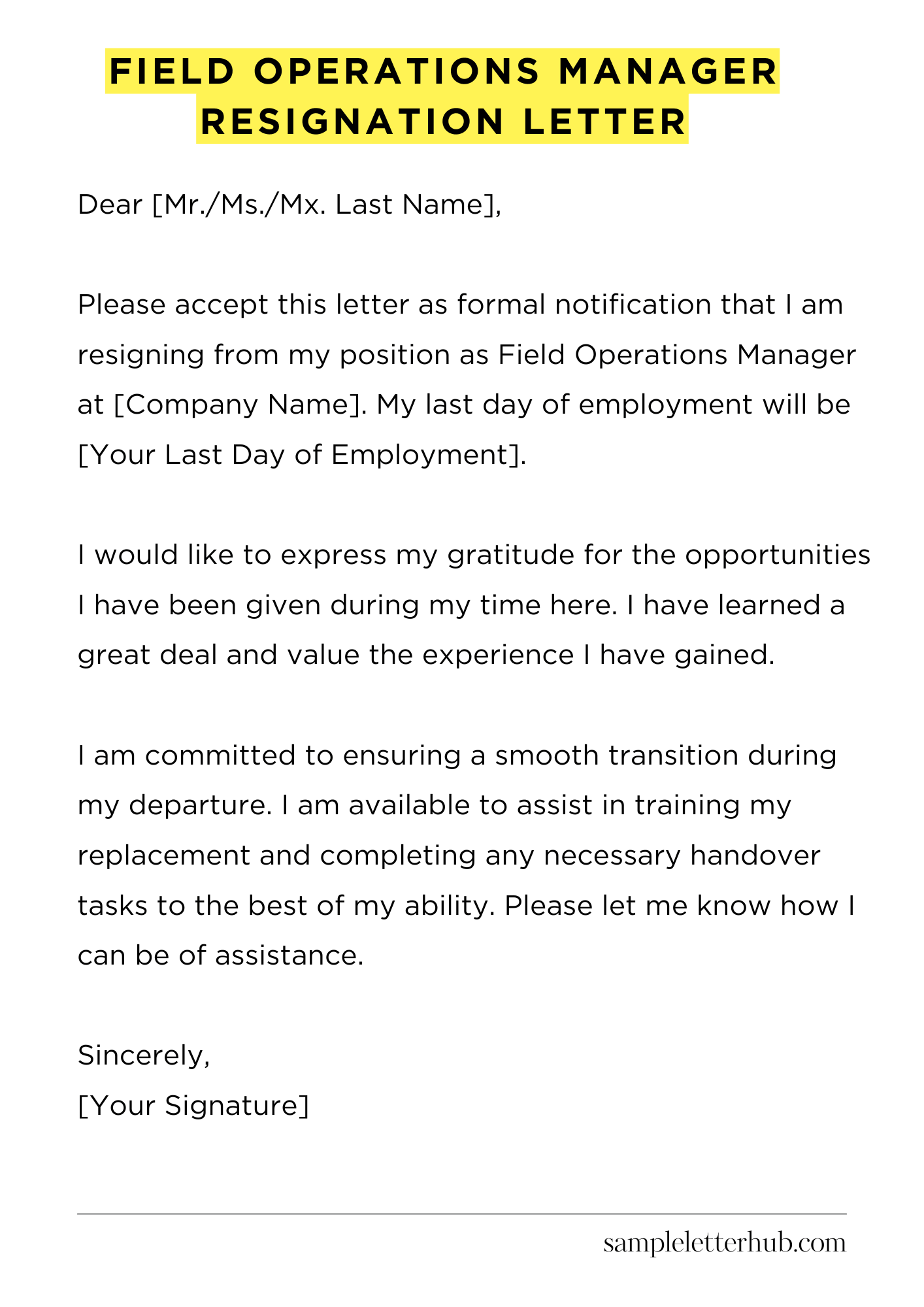 Field Operations Manager Resignation Letter
