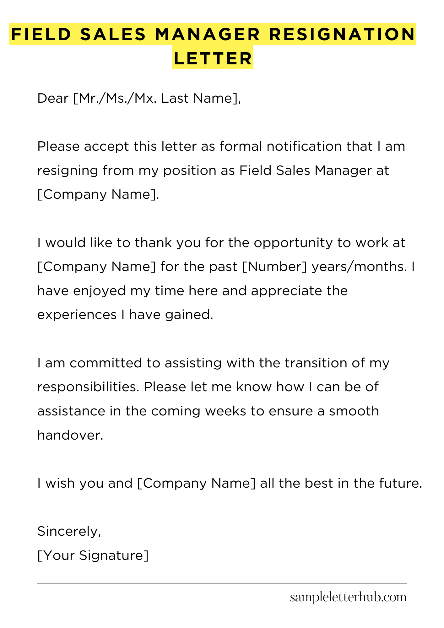 Field Sales Manager Resignation Letter