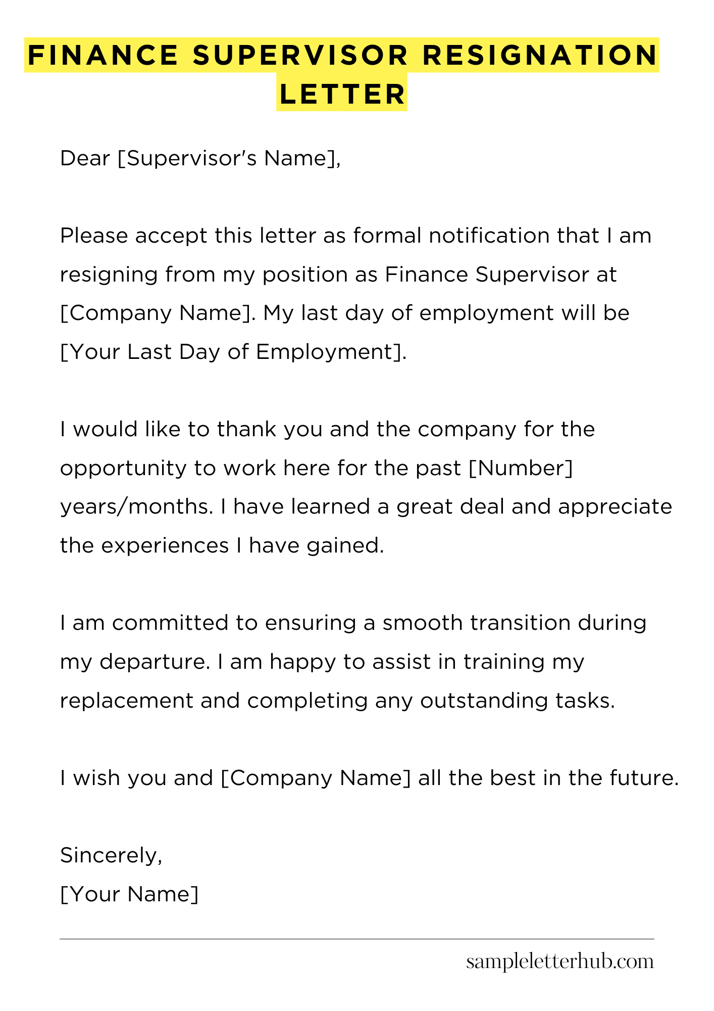 Finance Supervisor Resignation Letter