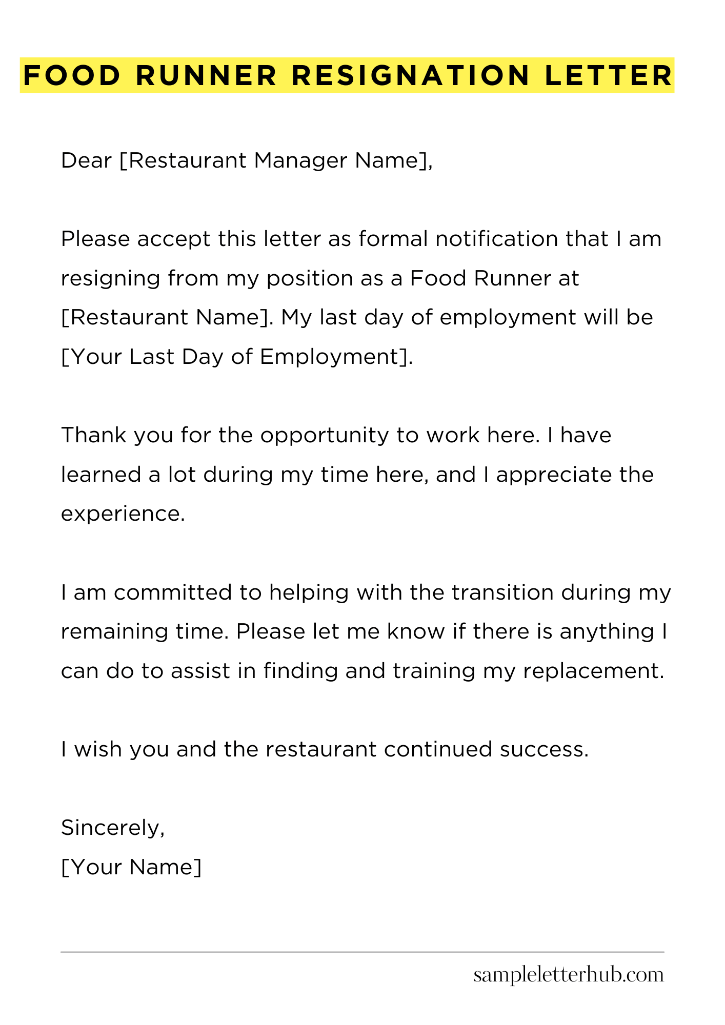 Food Runner Resignation Letter