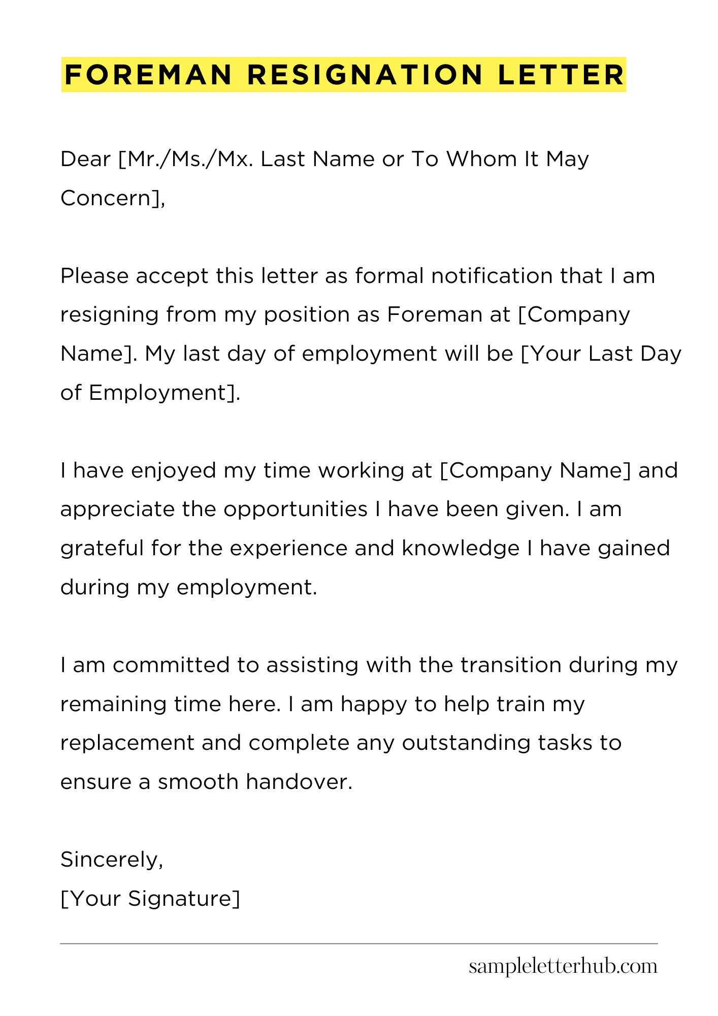 Foreman Resignation Letter