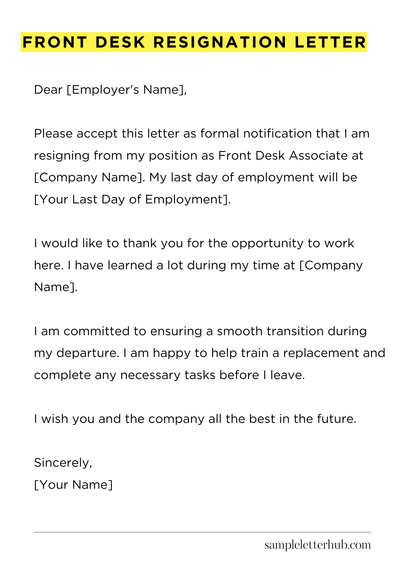 Front Desk Resignation Letter