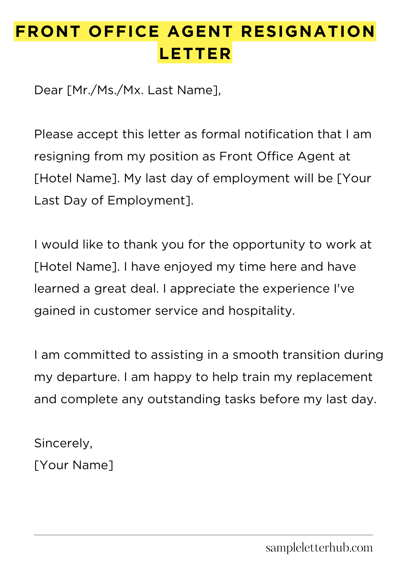 Front Office Agent Resignation Letter