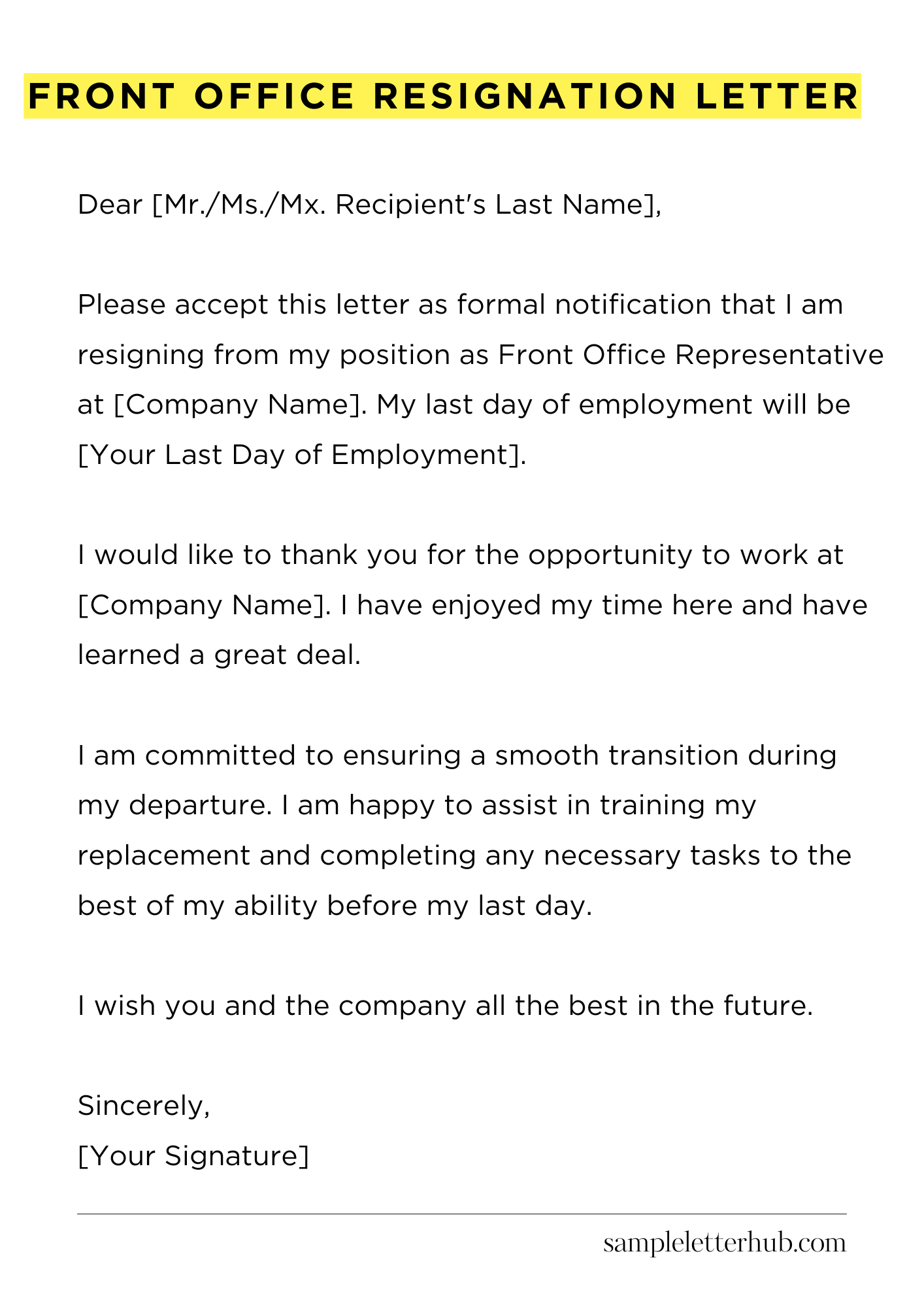 Front Office Resignation Letter