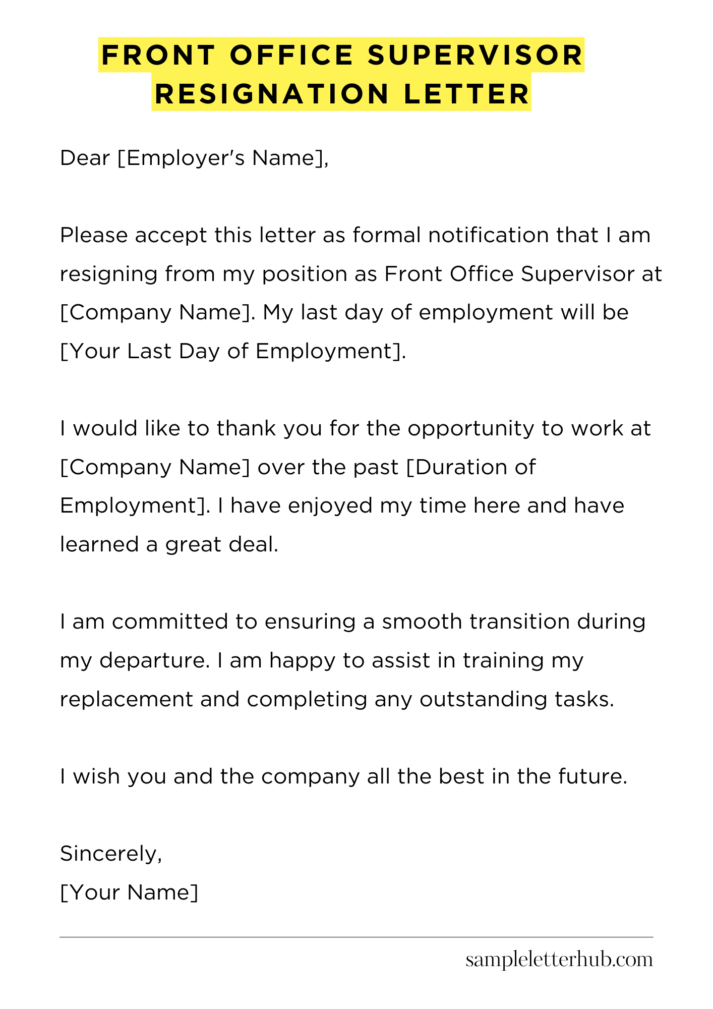 Front Office Supervisor Resignation Letter