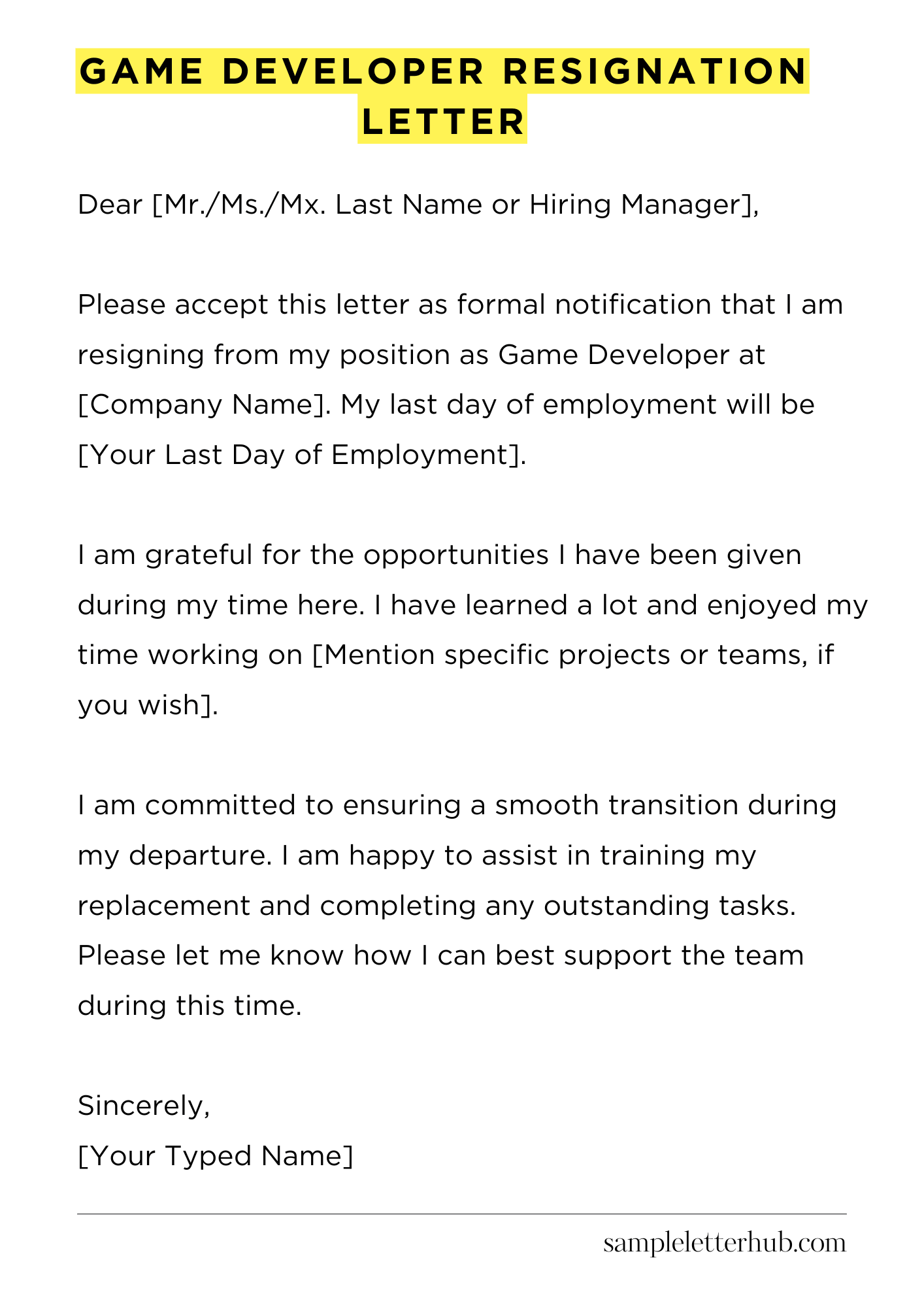 Game Developer Resignation Letter
