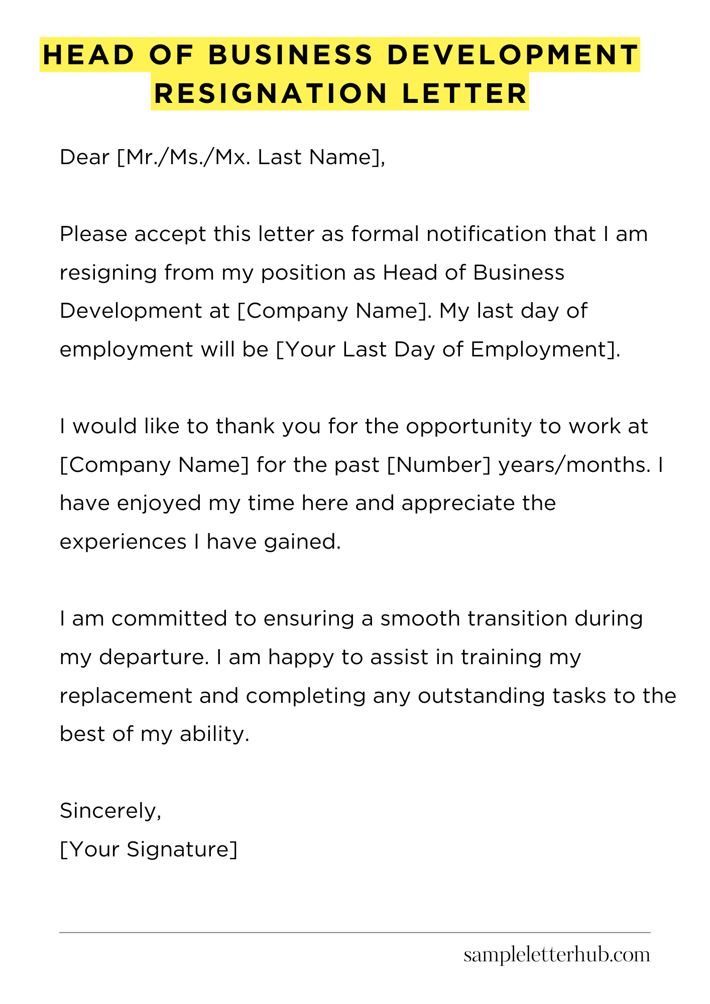 Head Of Business Development Resignation Letter