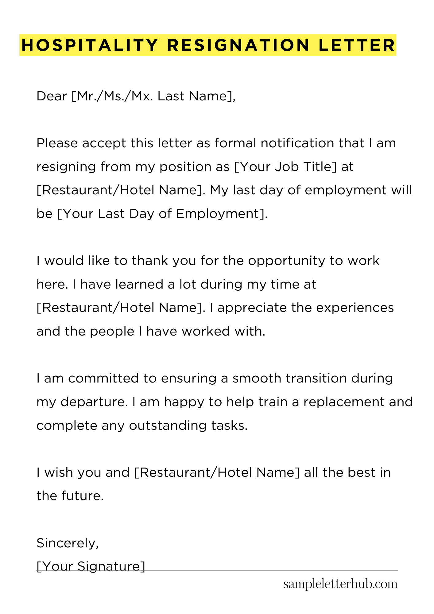 Hospitality Resignation Letter
