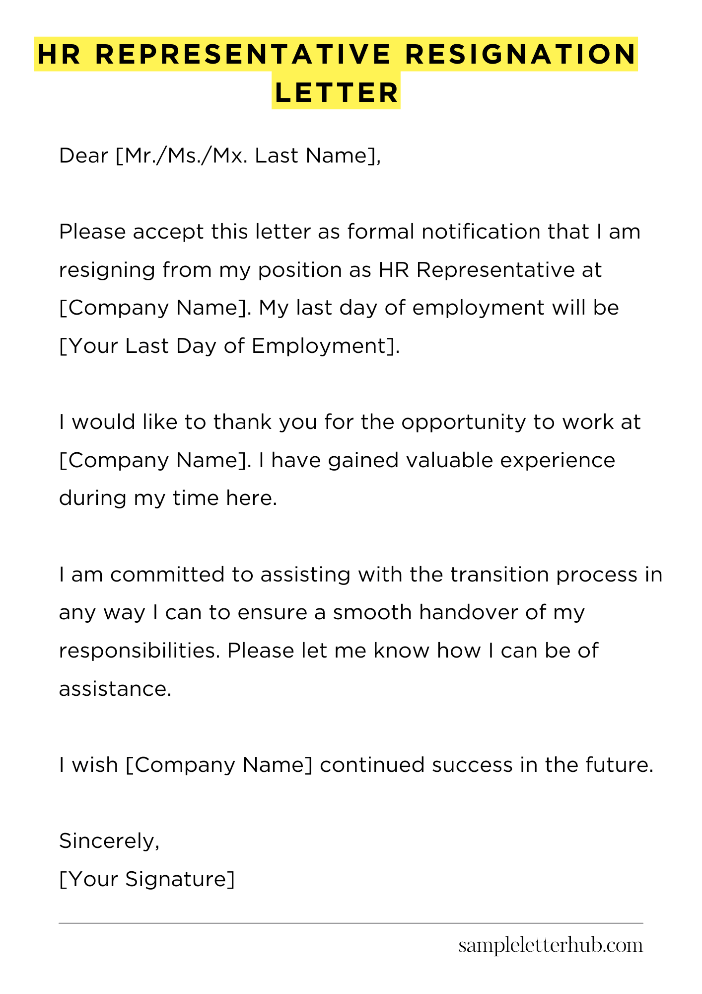 Hr Representative Resignation Letter