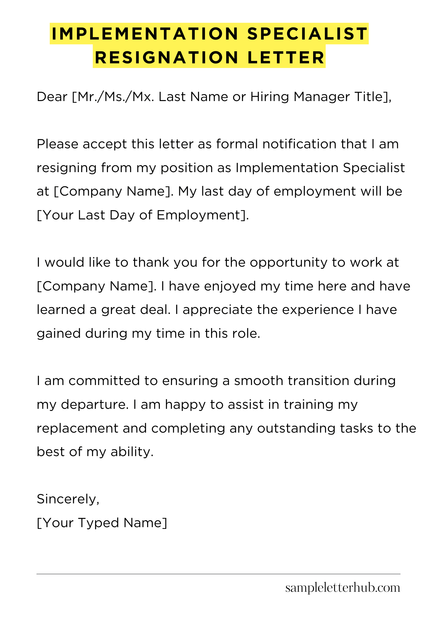 Implementation Specialist Resignation Letter