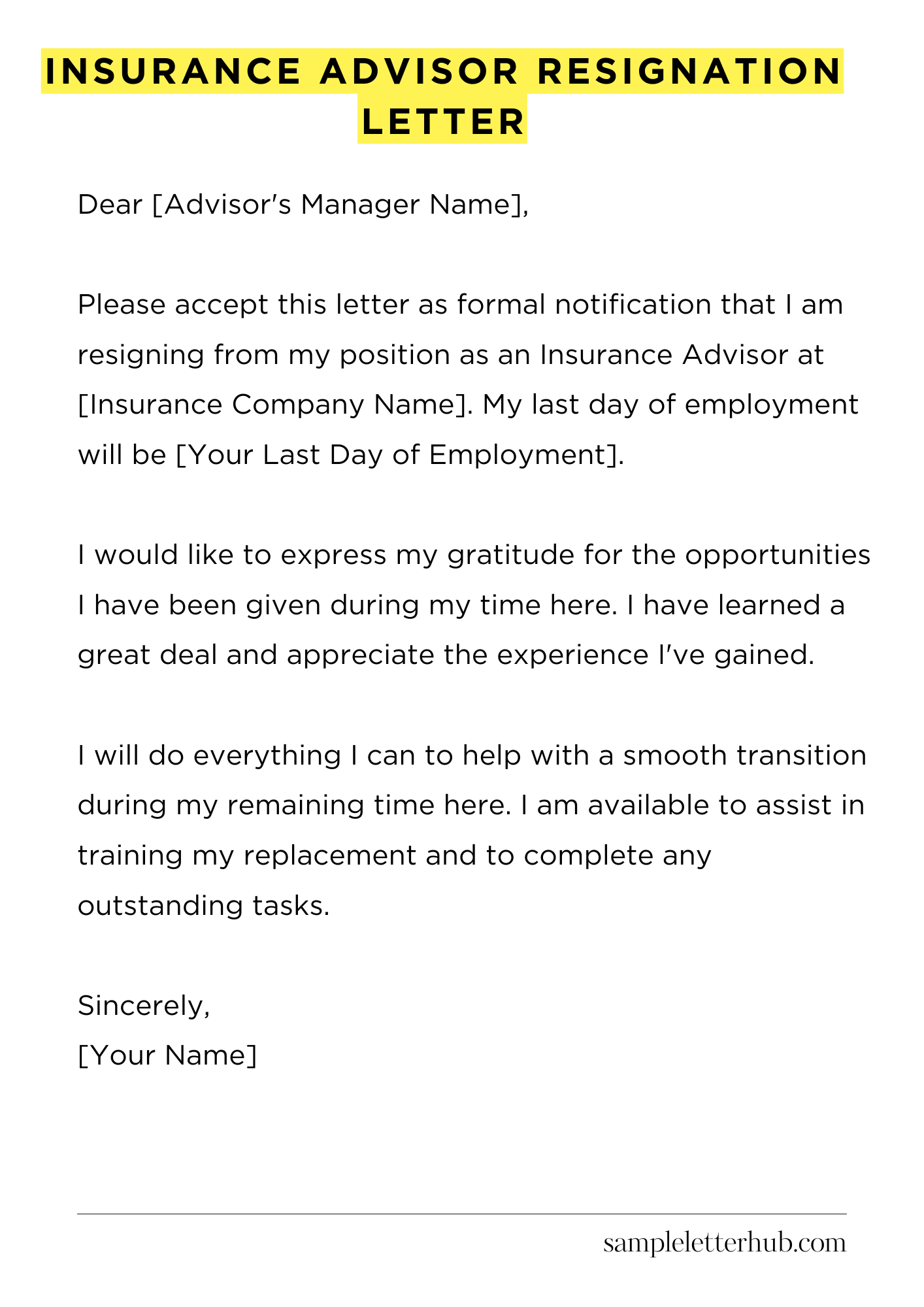 Insurance Advisor Resignation Letter
