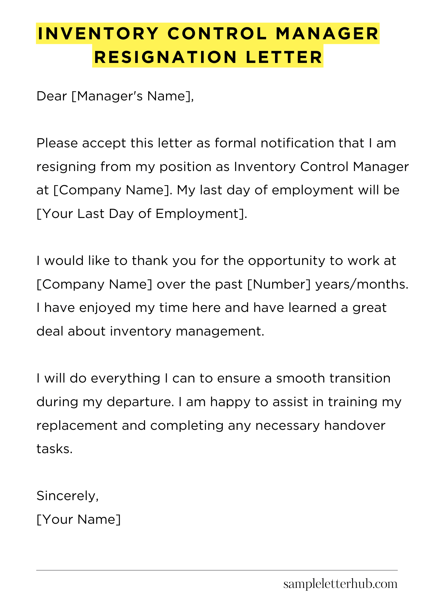 Inventory Control Manager Resignation Letter