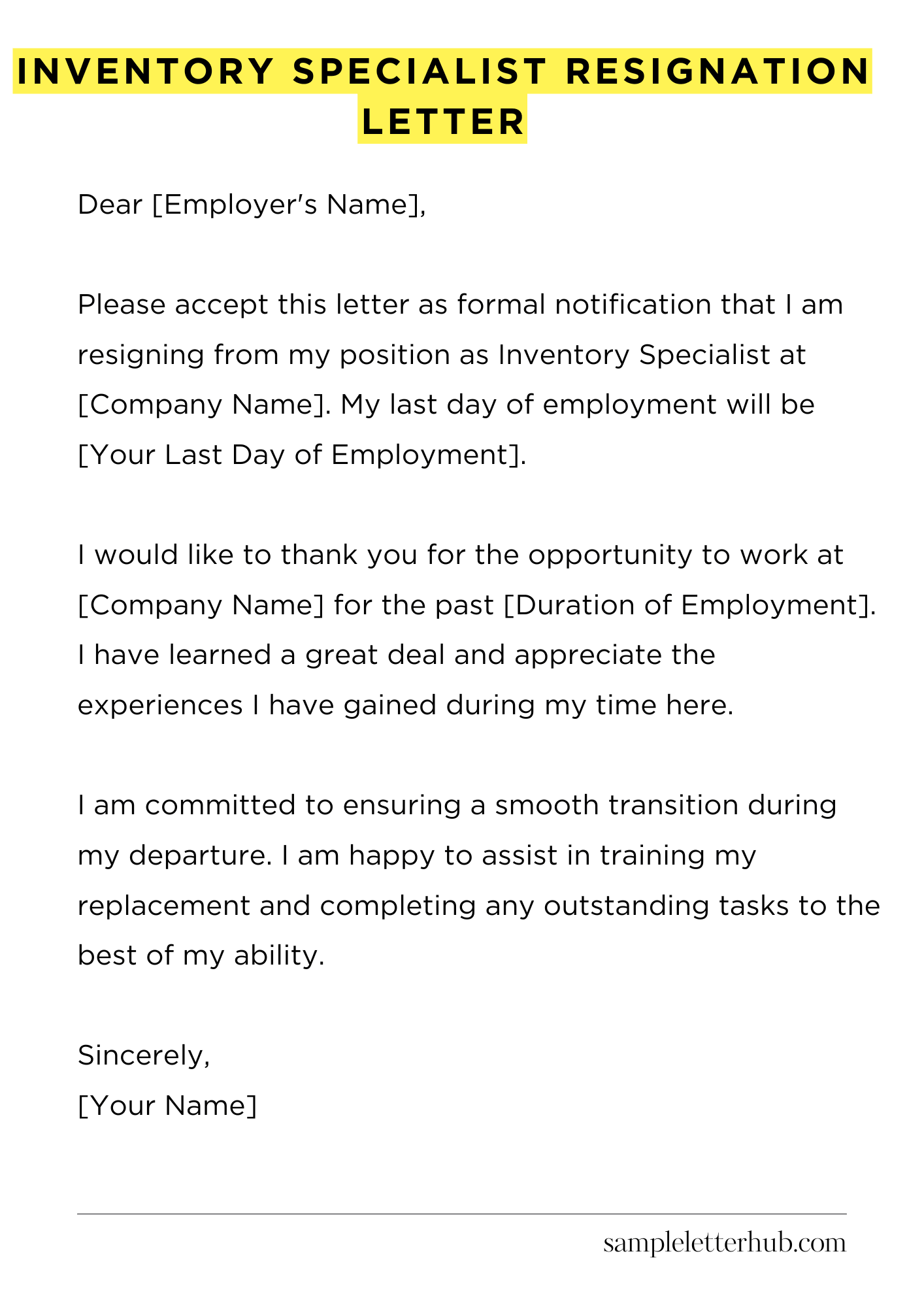 Inventory Specialist Resignation Letter