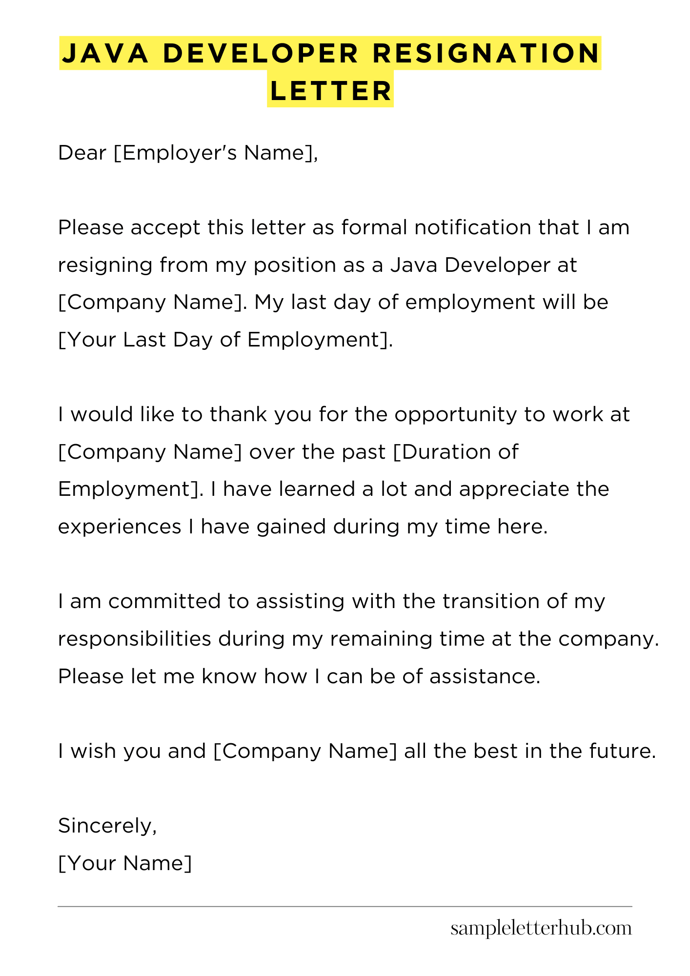 Java Developer Resignation Letter