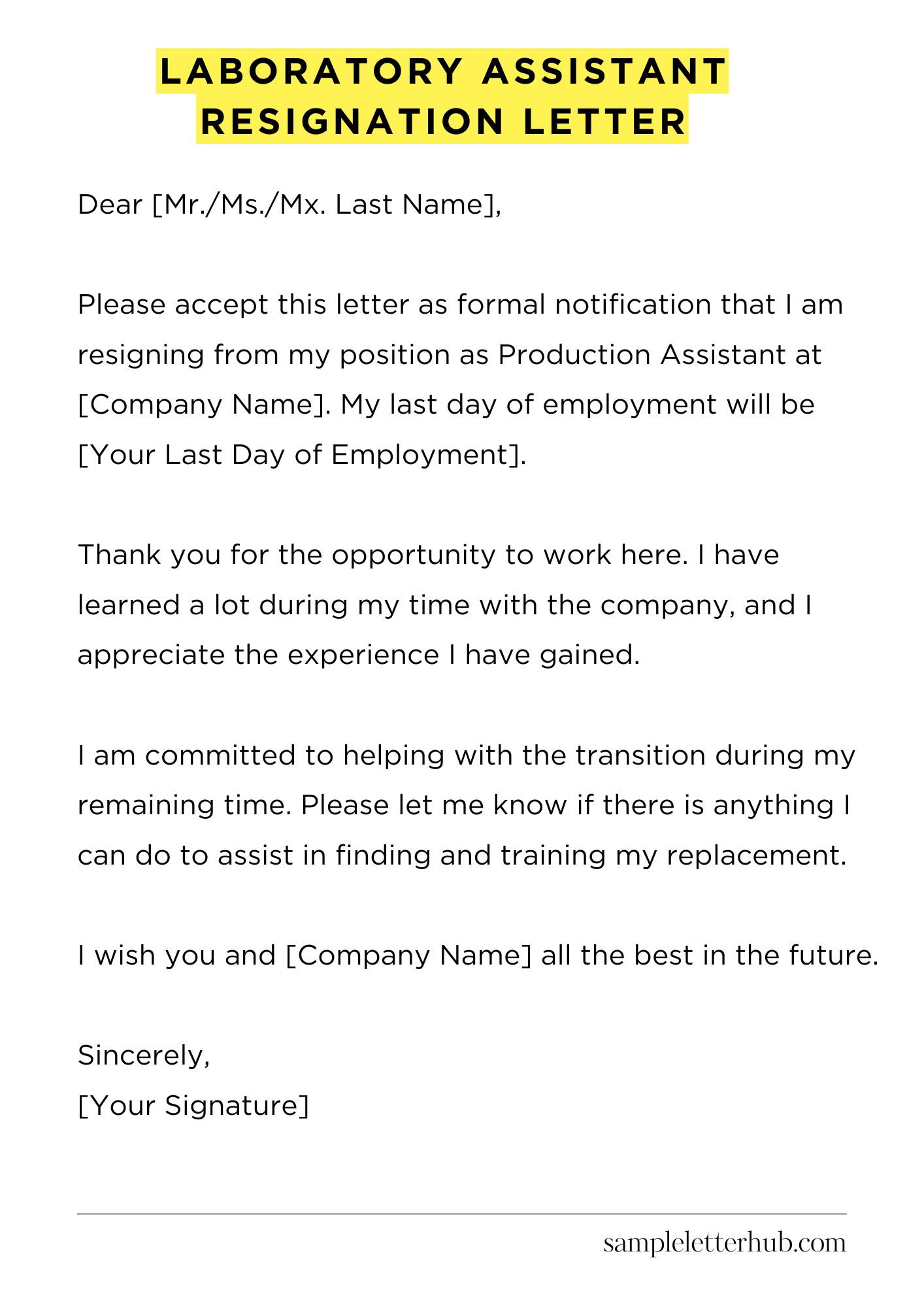 Laboratory Assistant Resignation Letter