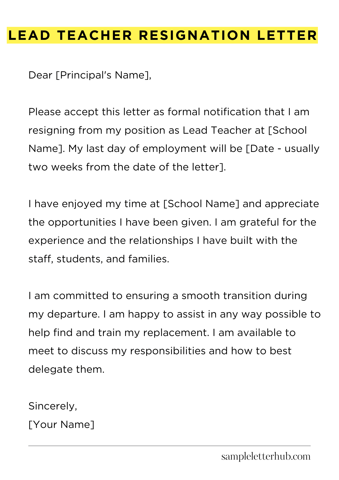 Lead Teacher Resignation Letter