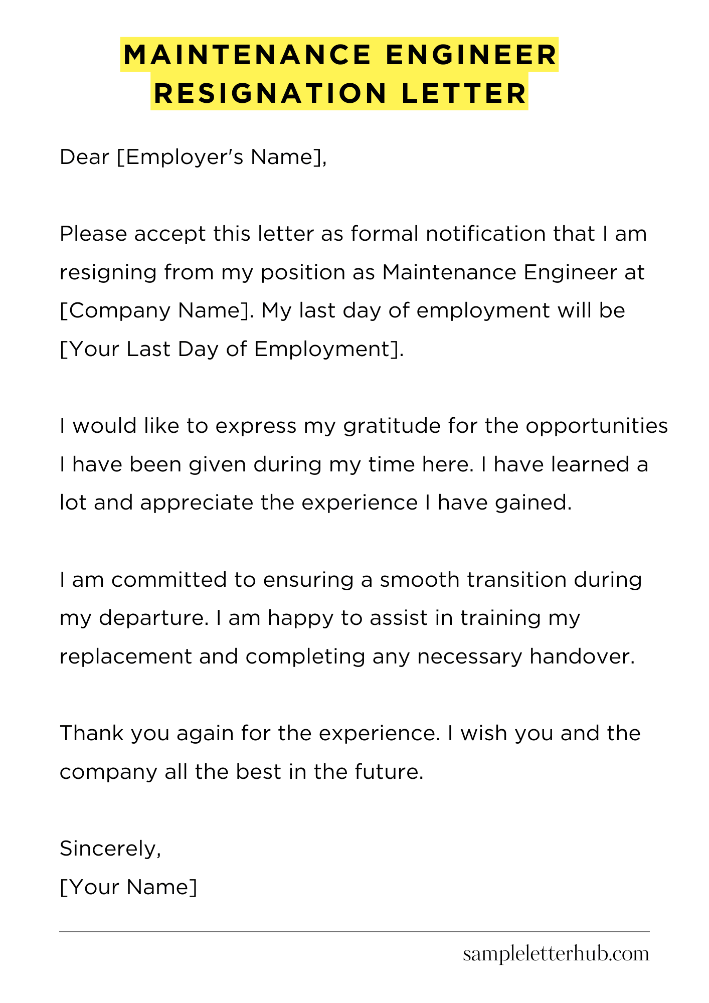 Maintenance Engineer Resignation Letter