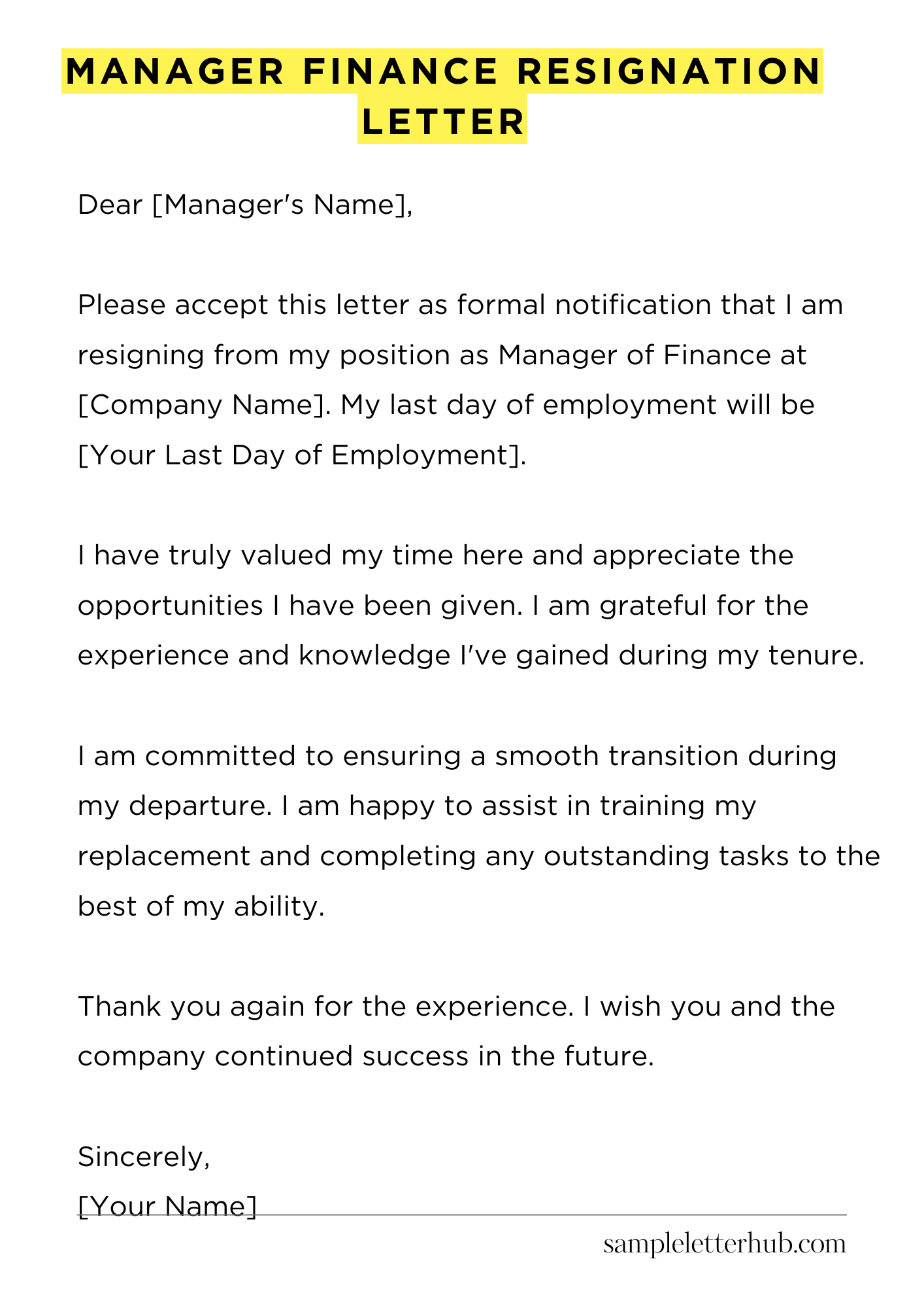 Manager Finance Resignation Letter
