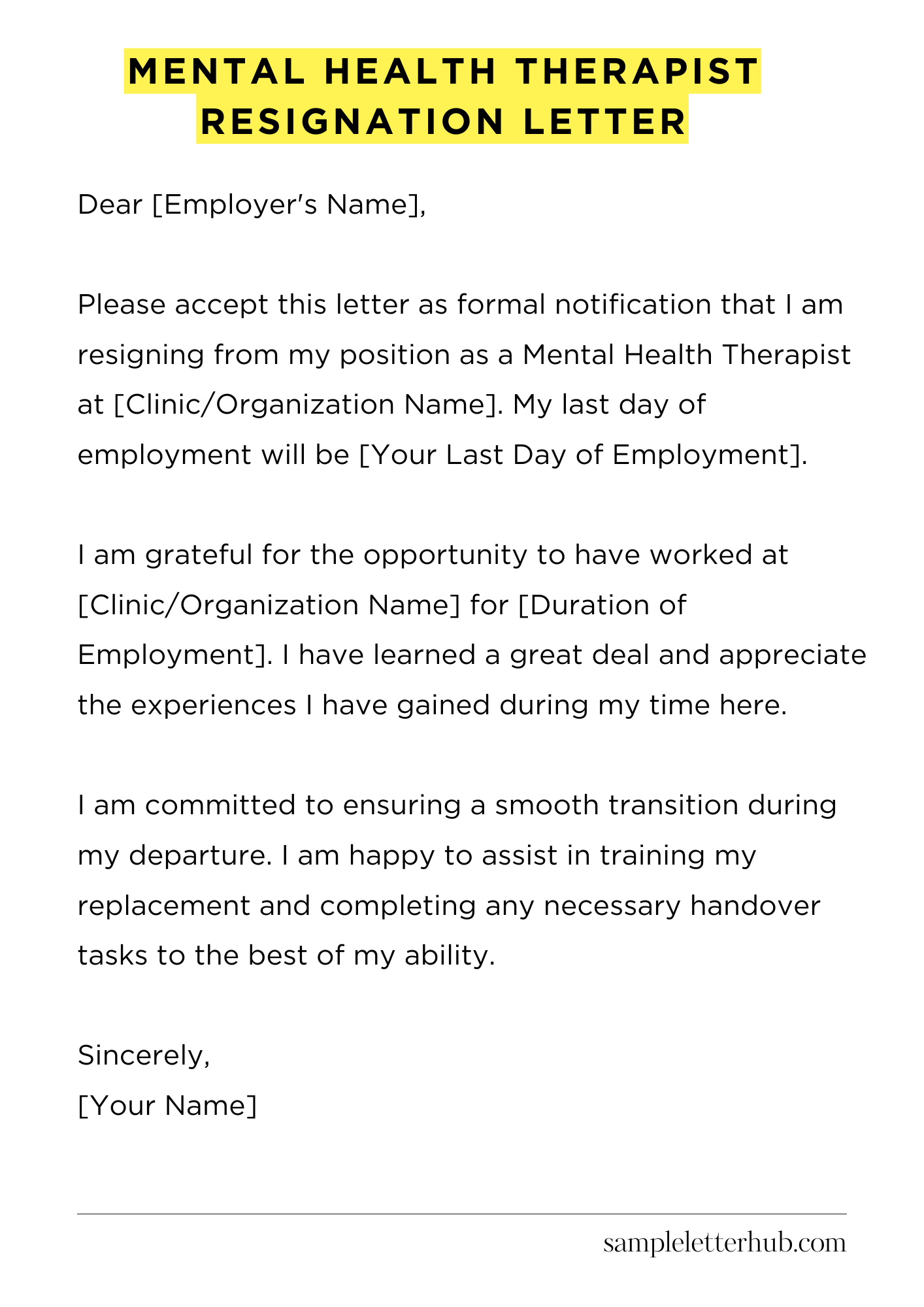 Mental Health Therapist Resignation Letter