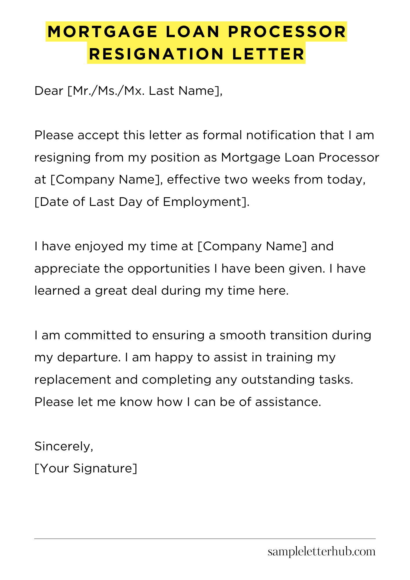 Mortgage Loan Processor Resignation Letter
