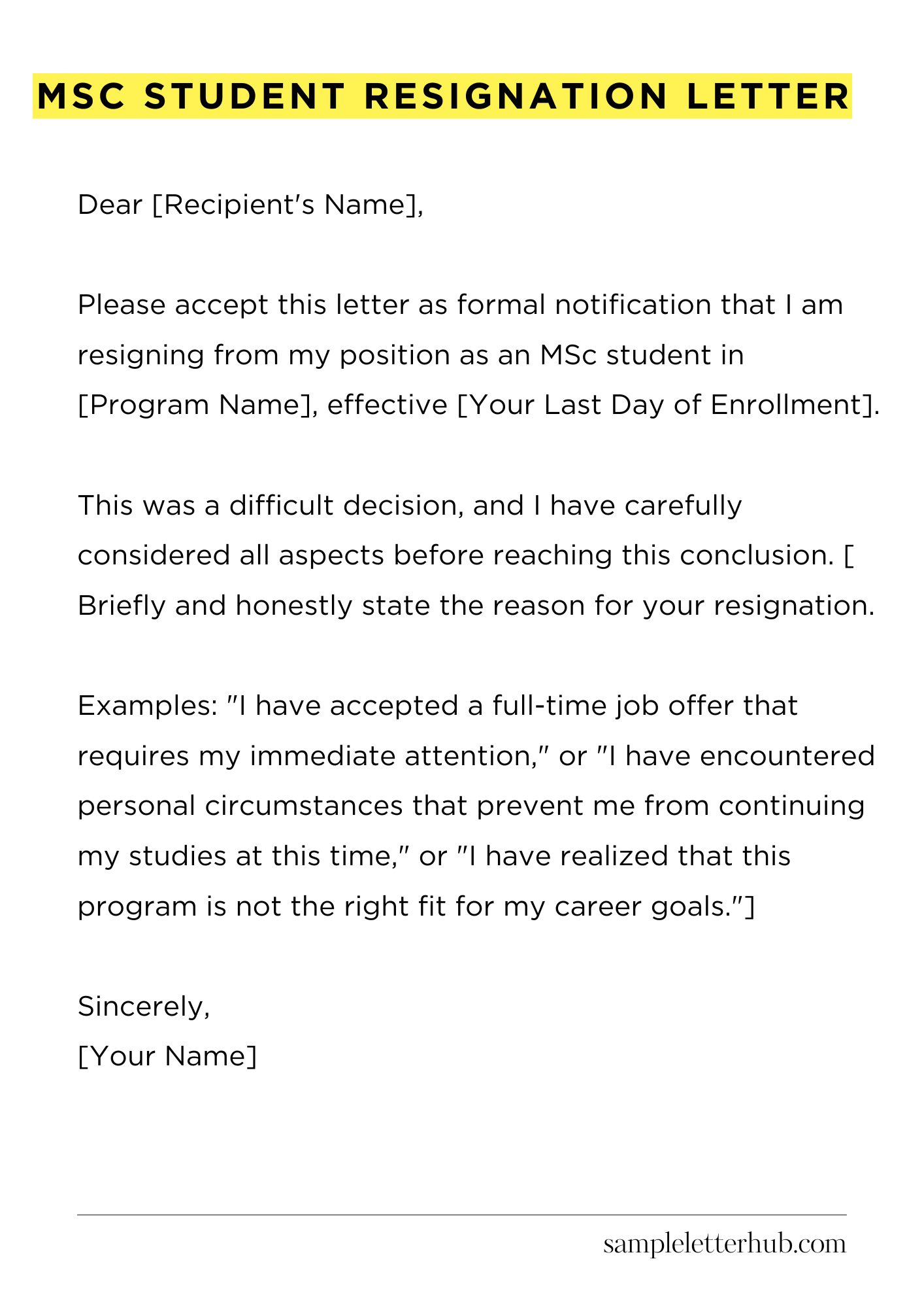 Msc Student Resignation Letter