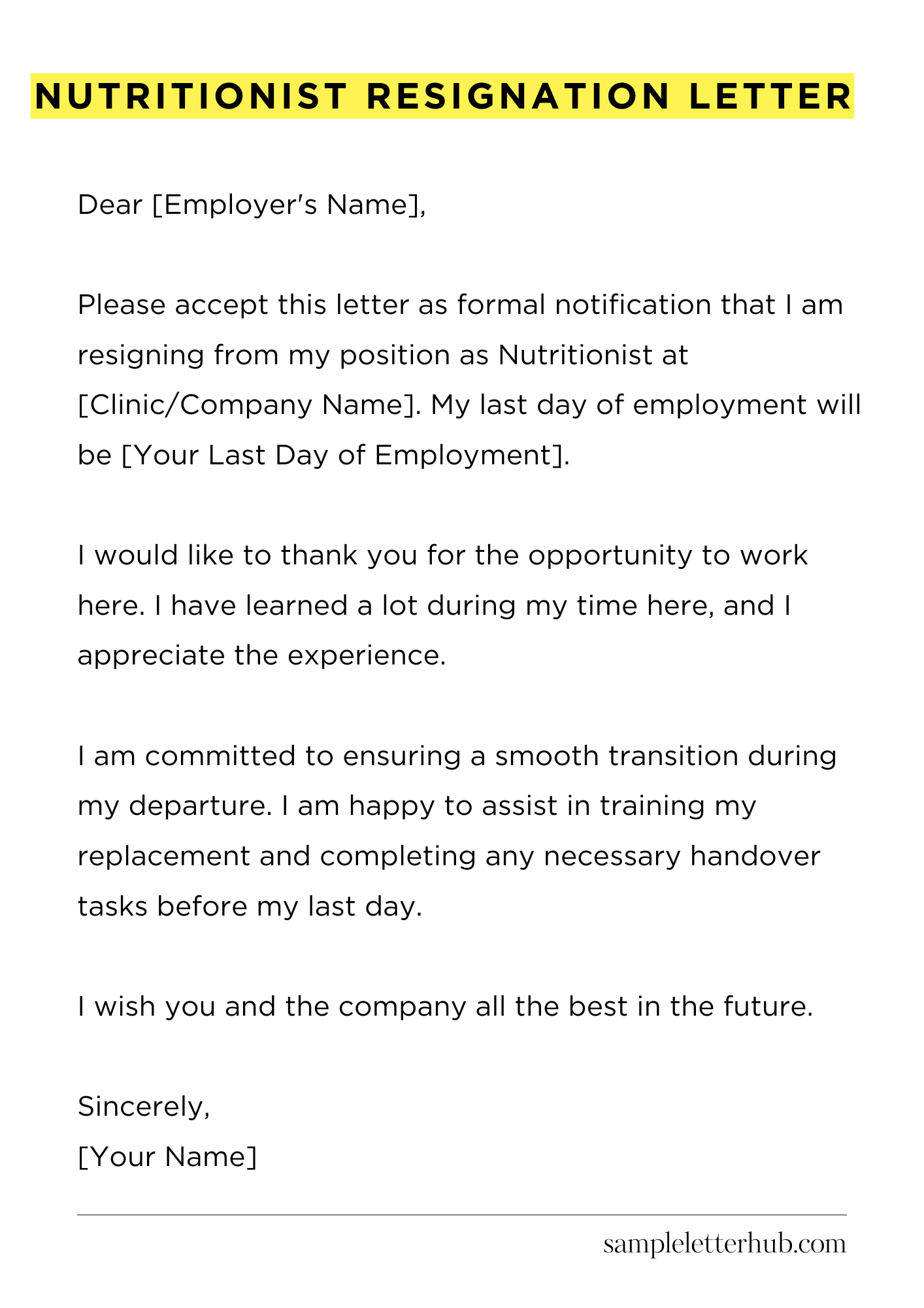 Nutritionist Resignation Letter