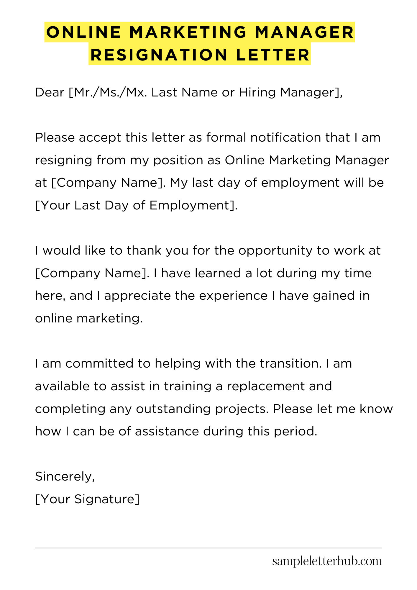 Online Marketing Manager Resignation Letter