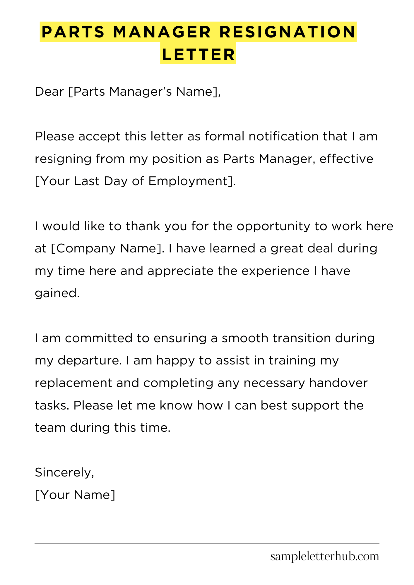 Parts Manager Resignation Letter