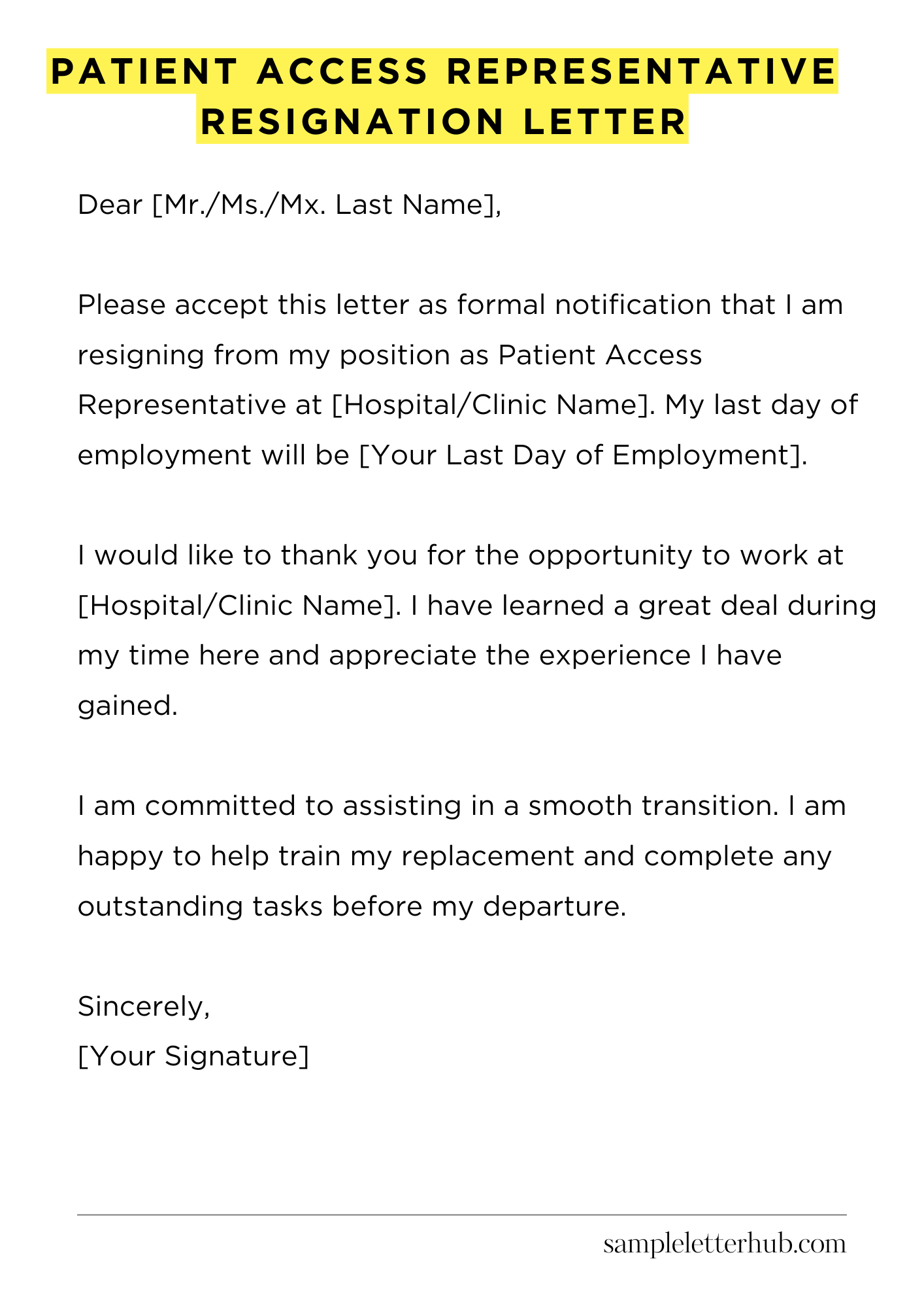 Patient Access Representative Resignation Letter