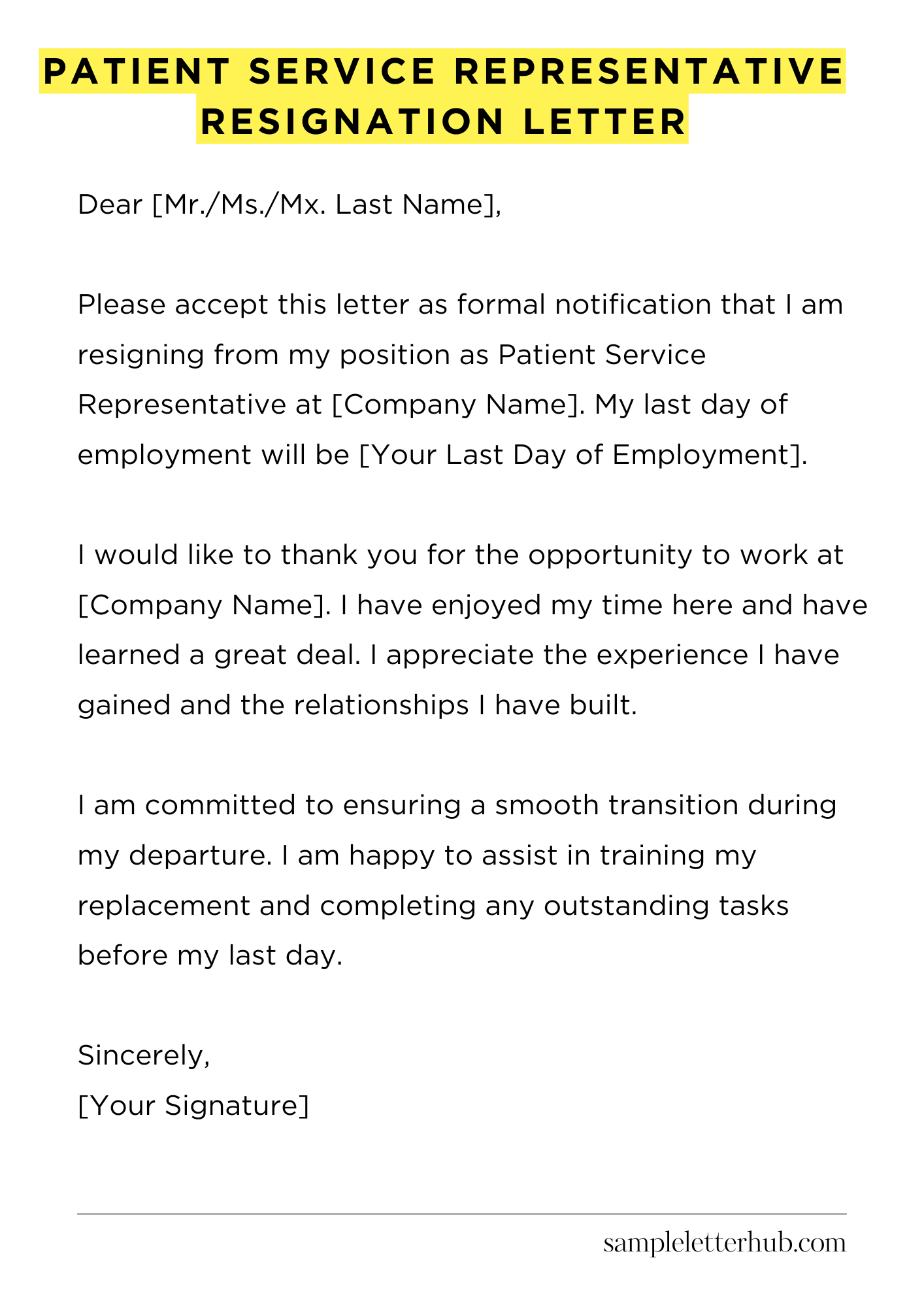 Patient Service Representative Resignation Letter