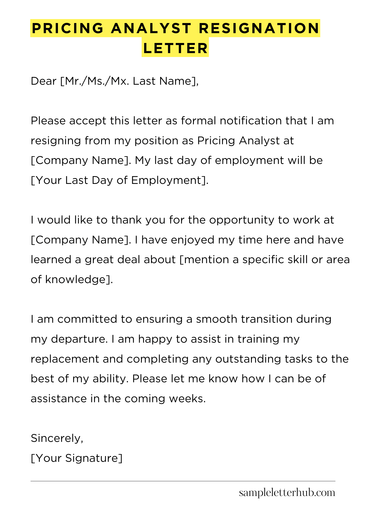 Pricing Analyst Resignation Letter