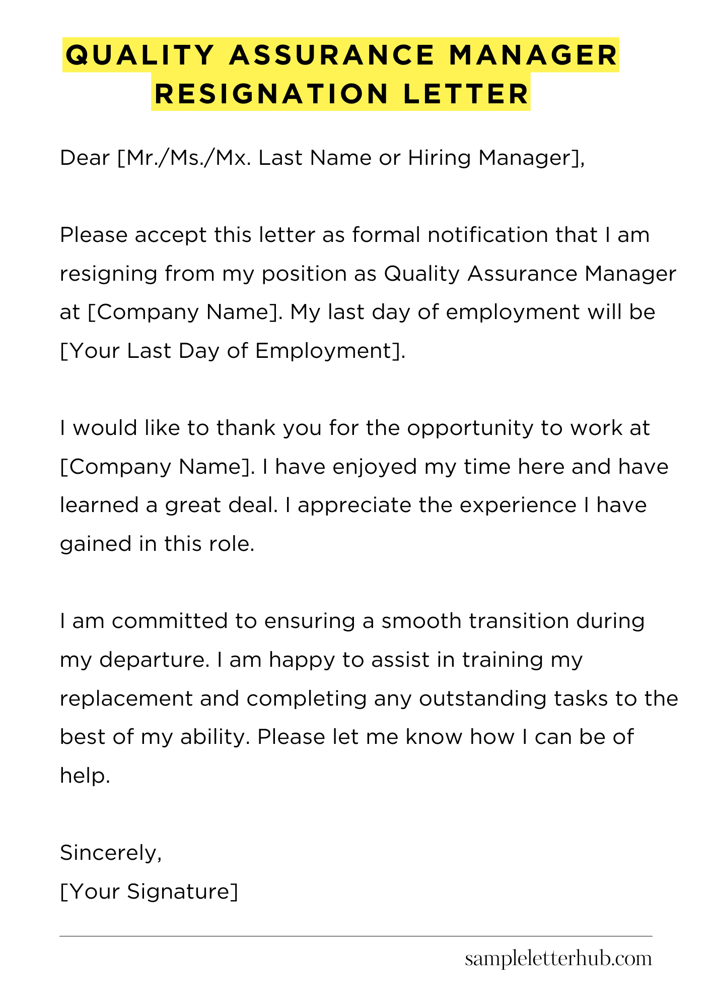 Quality Assurance Manager Resignation Letter