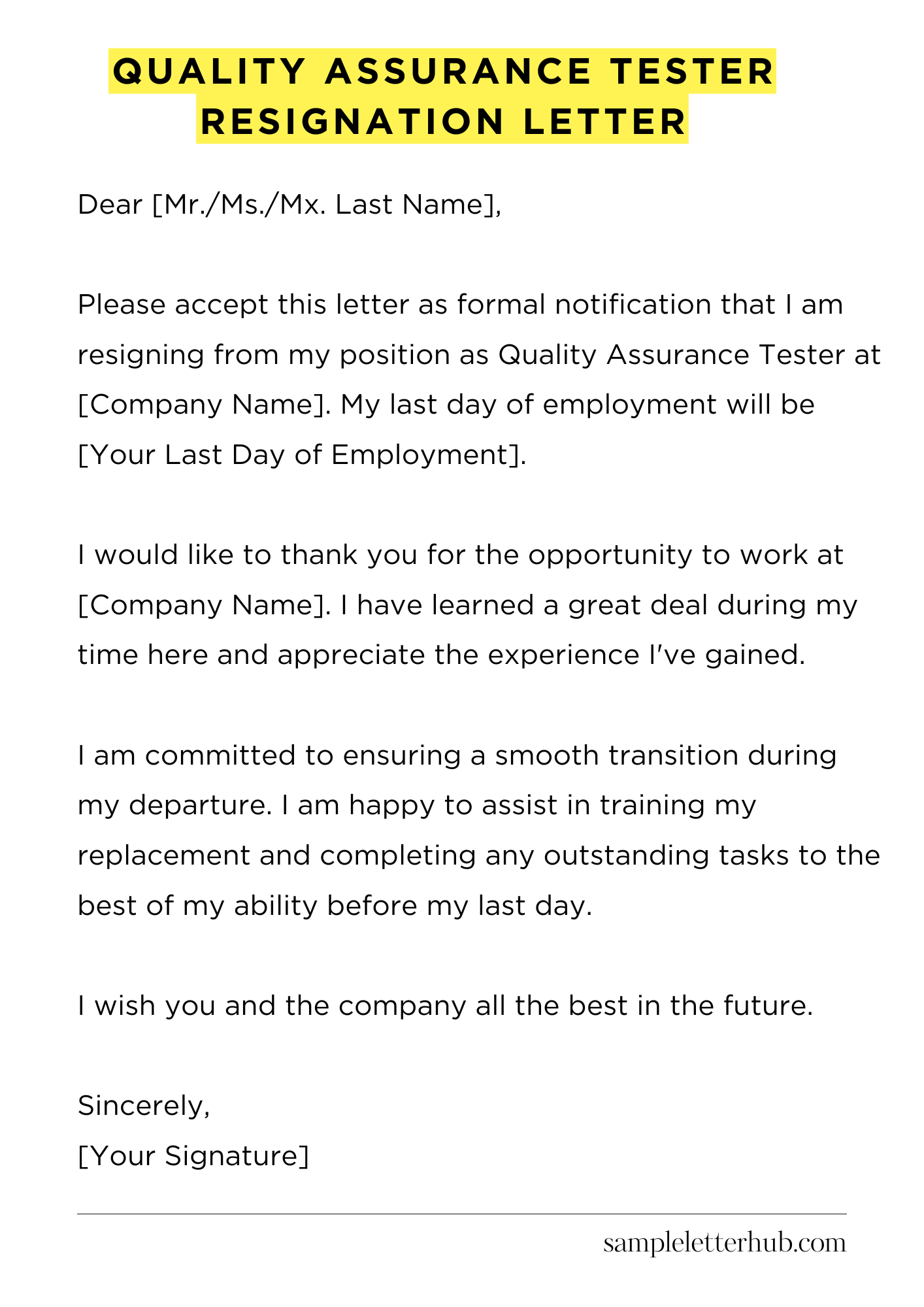 Quality Assurance Tester Resignation Letter